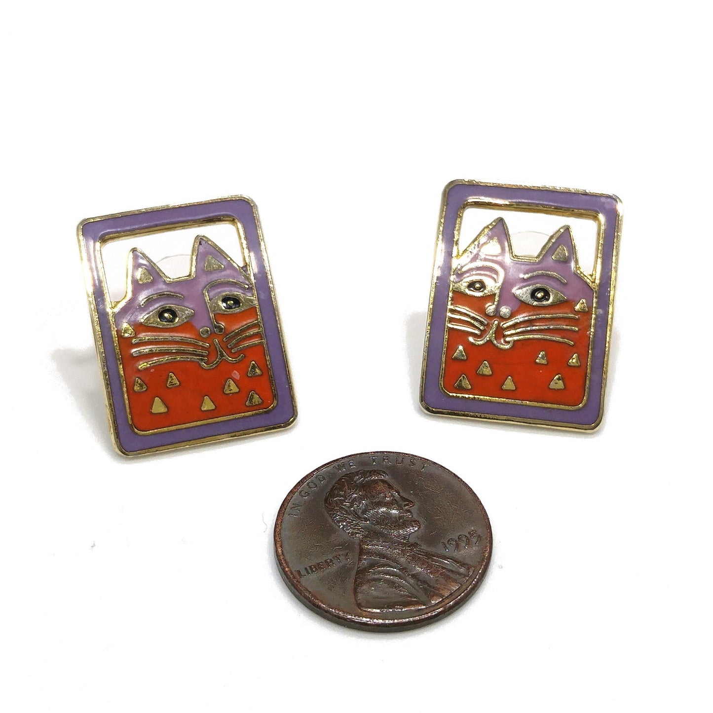 Vintage Laurel Burch "Mallory's Cat" Post Earrings, Gold Plated, Cloisonne