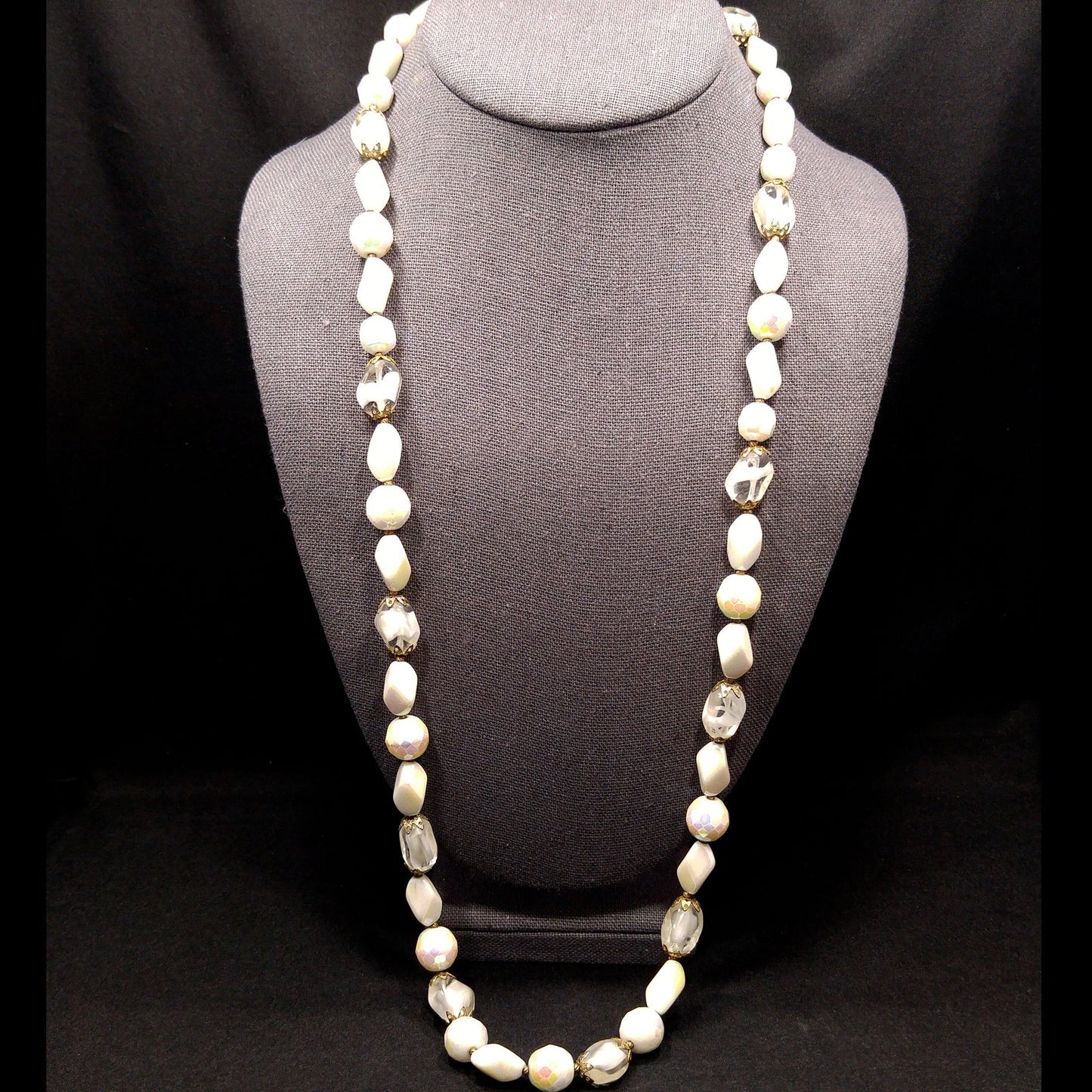 Vintage Czech White Glass Beaded Necklace, Art Glass Beads, 12K GF Clasp, 1950s Vintage Jewelry