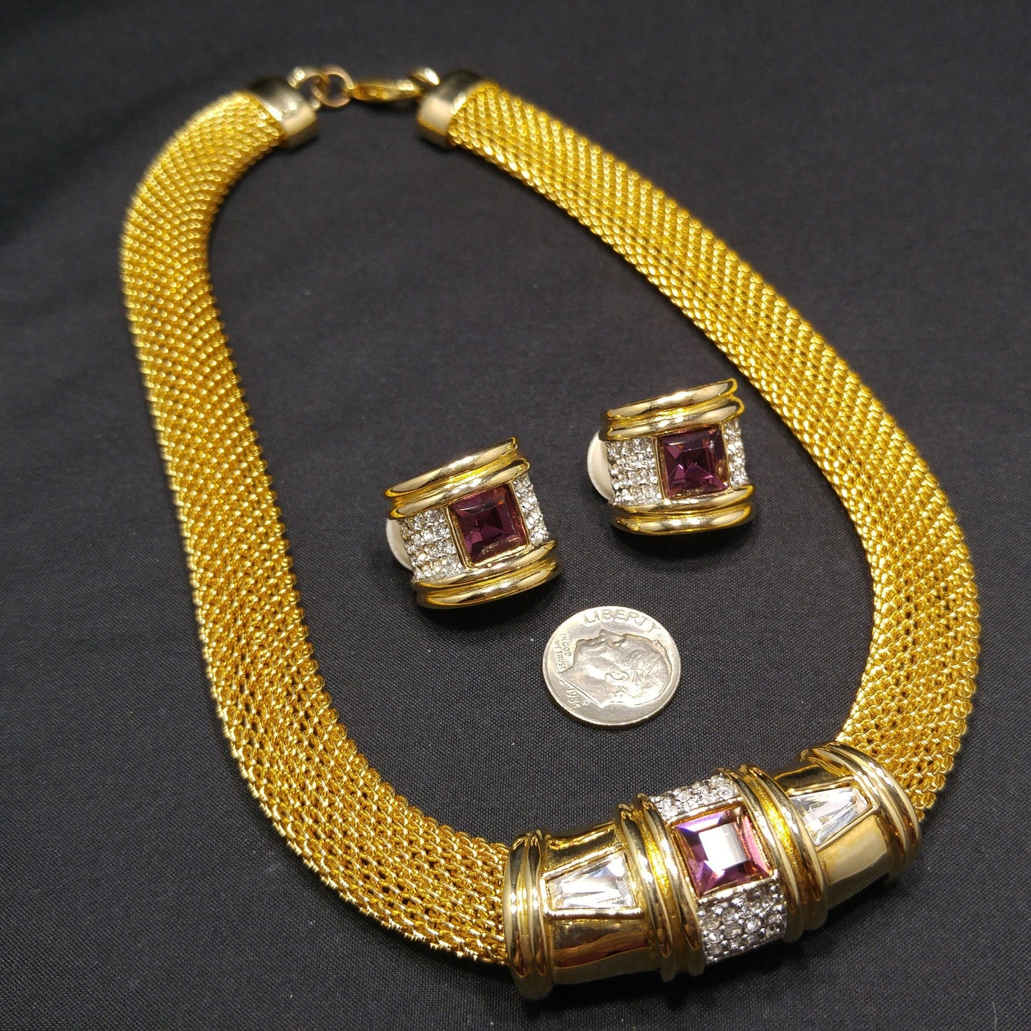 Purple Clear Rhinestone Necklace & Earrings, Gold Plated, 1980s Vintage Jewelry
