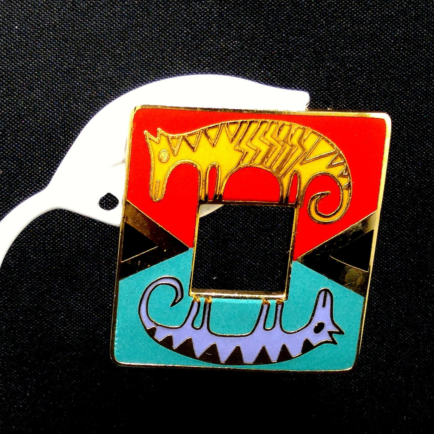 Laurel Burch "Primal Horse" Large Post Earrings, Gold Plated Cloisonné Enamel, 1980s Vintage Jewelry