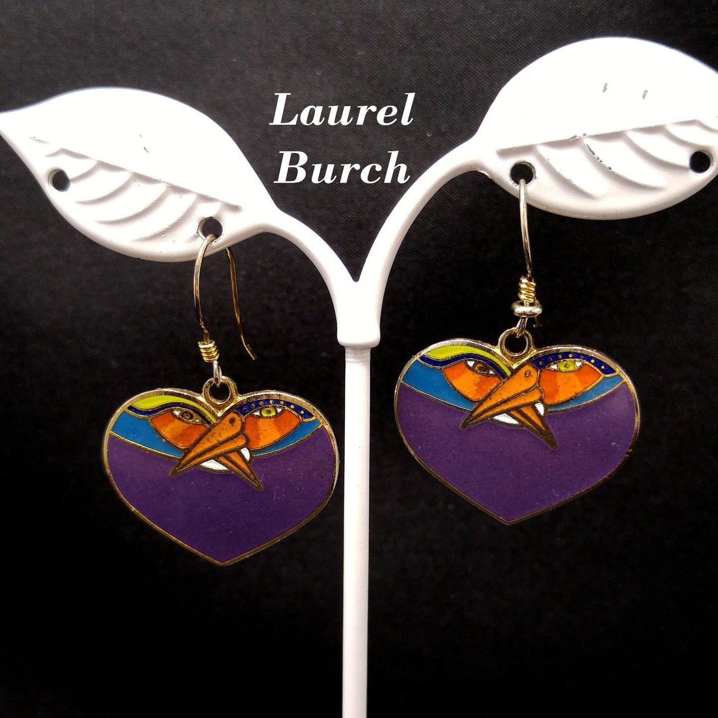 Vintage Laurel Burch Purple Bird Heart Earrings, Gold Plated