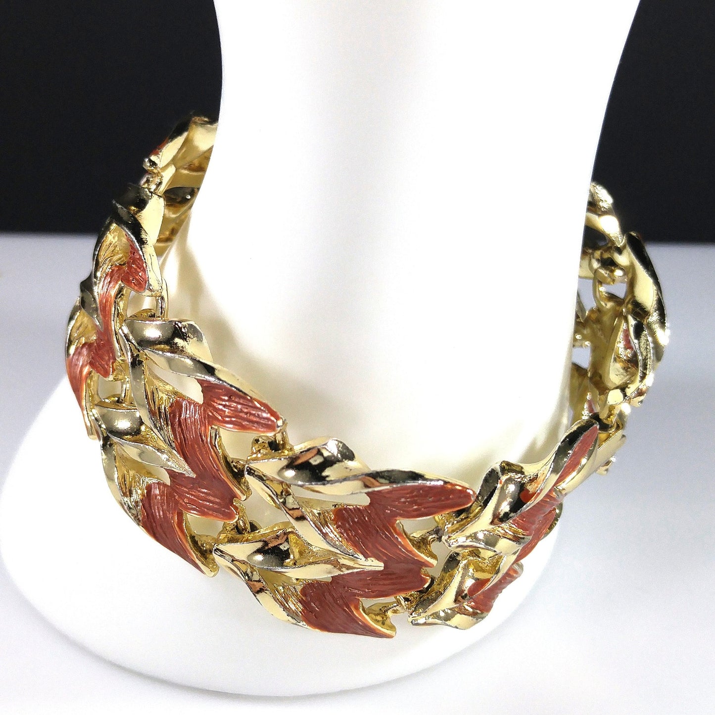 Rust Enamel Gold Plated Wide Link Bracelet, Mid Century Modern, 1950s Vintage Jewelry