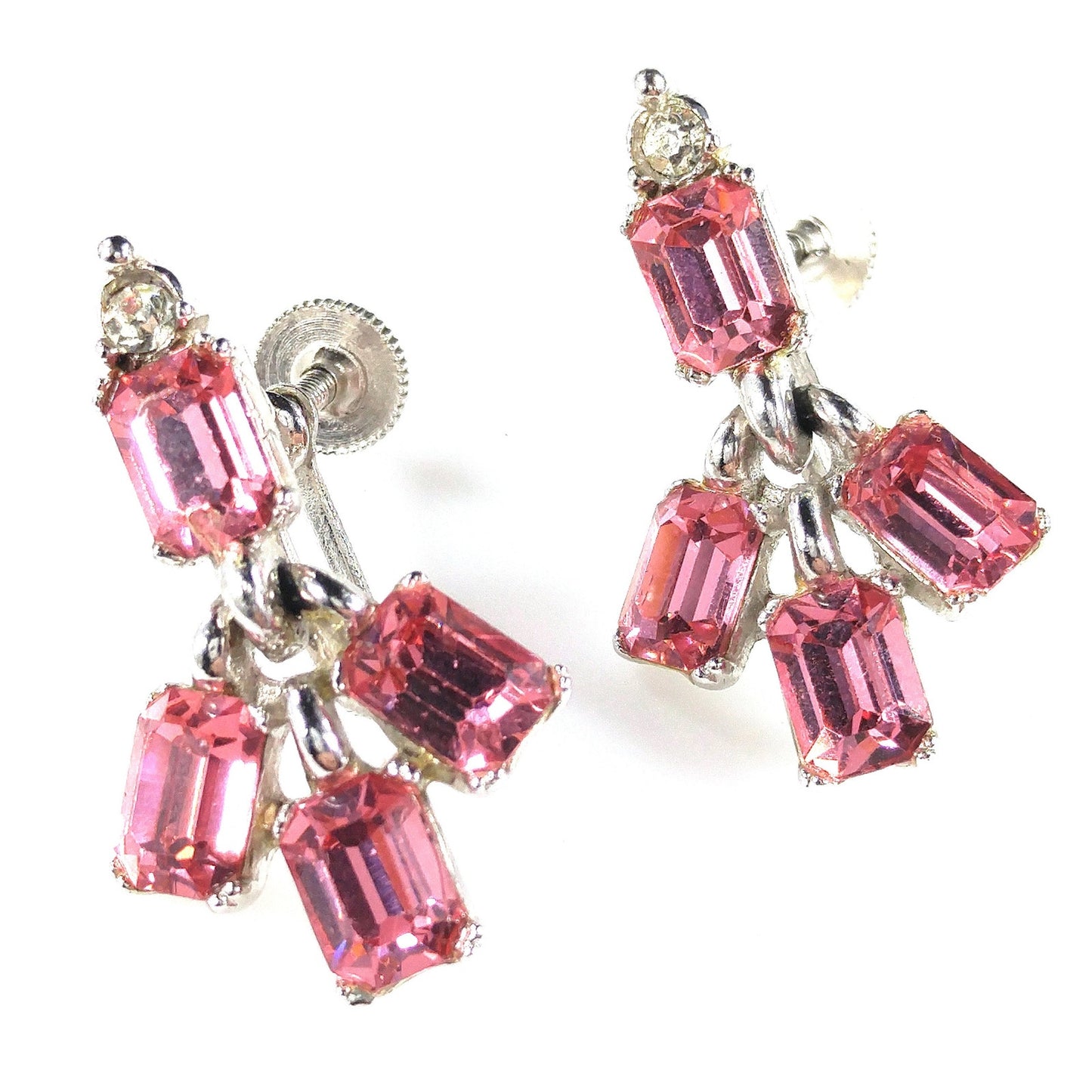 Bogoff Pink Rhinestone Screw Back Earrings, Rhodium Plated, 1950s Vintage Jewelry