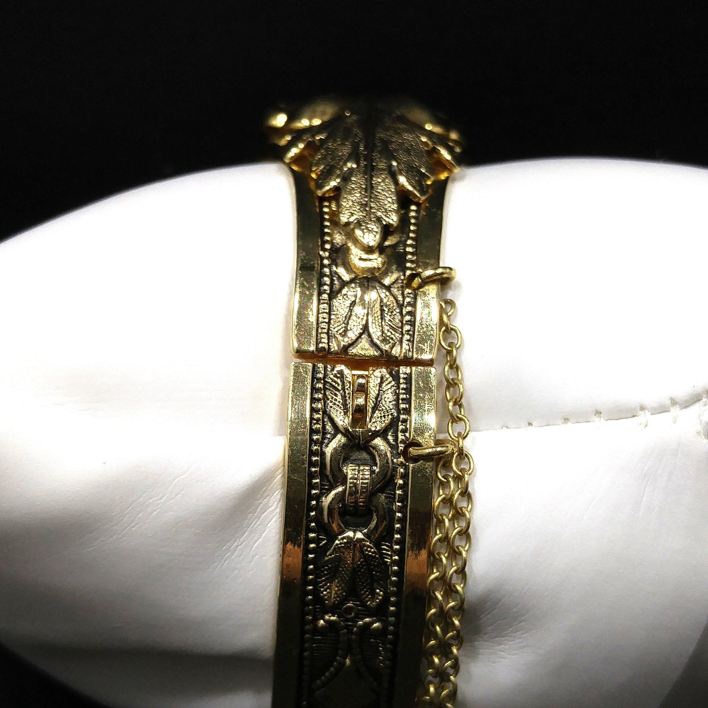Whiting & Davis Gold Plated Hinged Bracelet, Safety Chain, Snap Lock Clasp, 1960s Vintage Jewelry