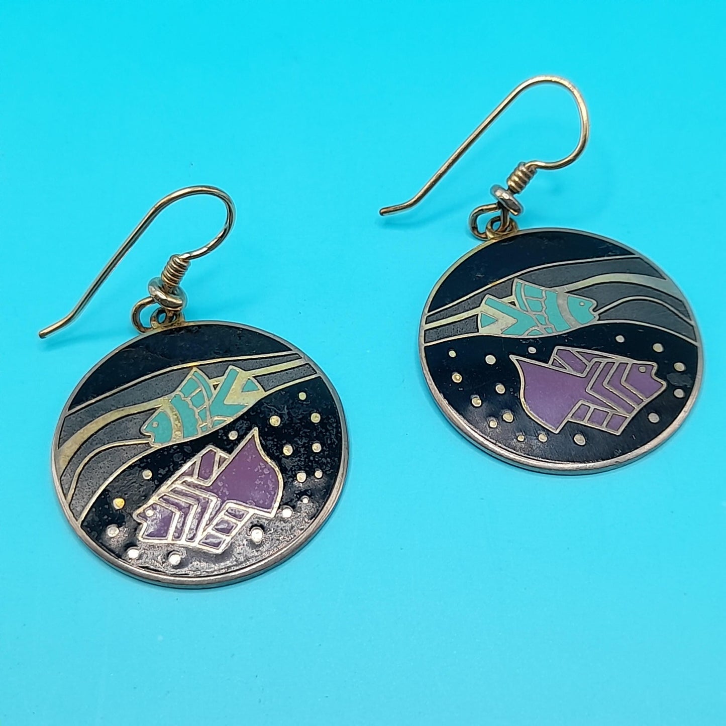 Vintage Laurel Burch "Tropical Fish" Drop Earrings, Gold Plated, 1980s