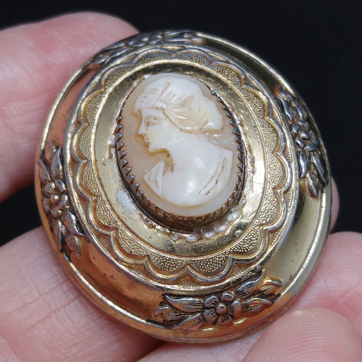 Coro Shell Carved Cameo Brooch, Gold Over Silver, 1950s Vintage Jewelry