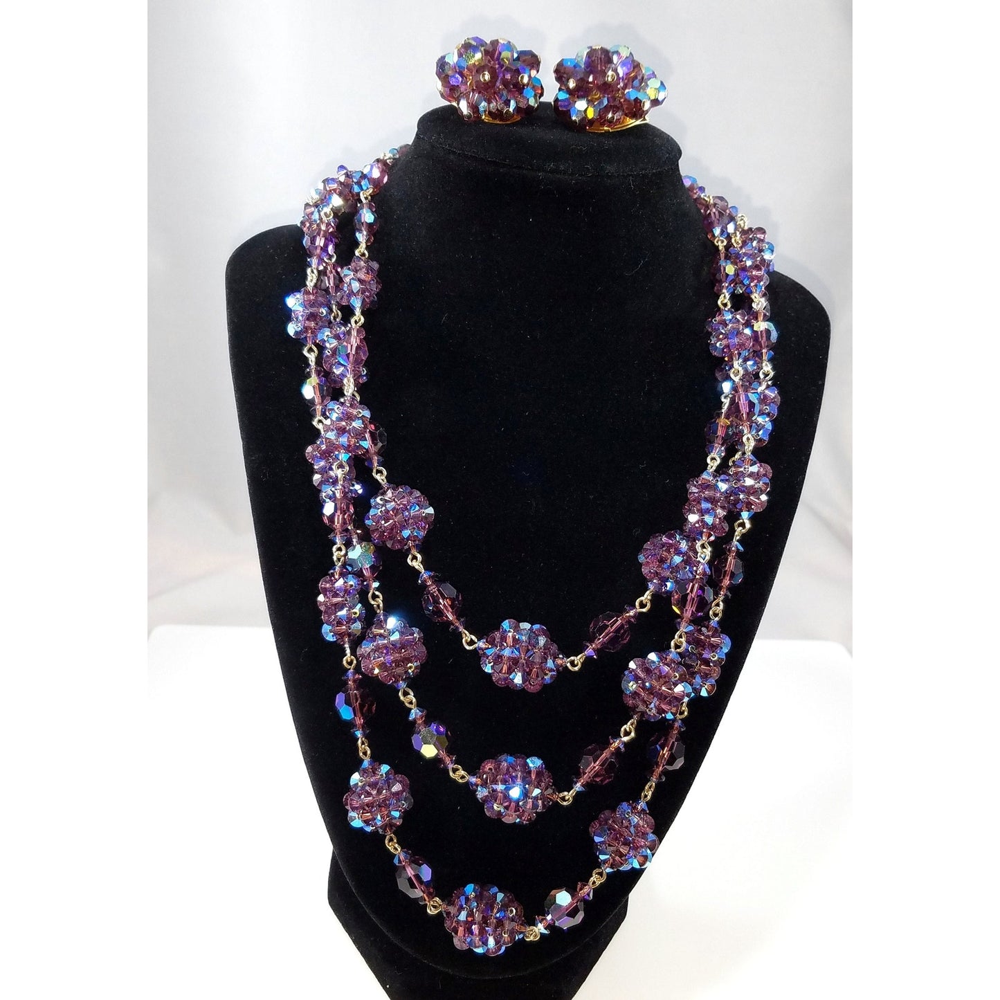 Vintage French Purple Crystal Cluster Necklace Clip Earrings Set, Made in France, 1950s