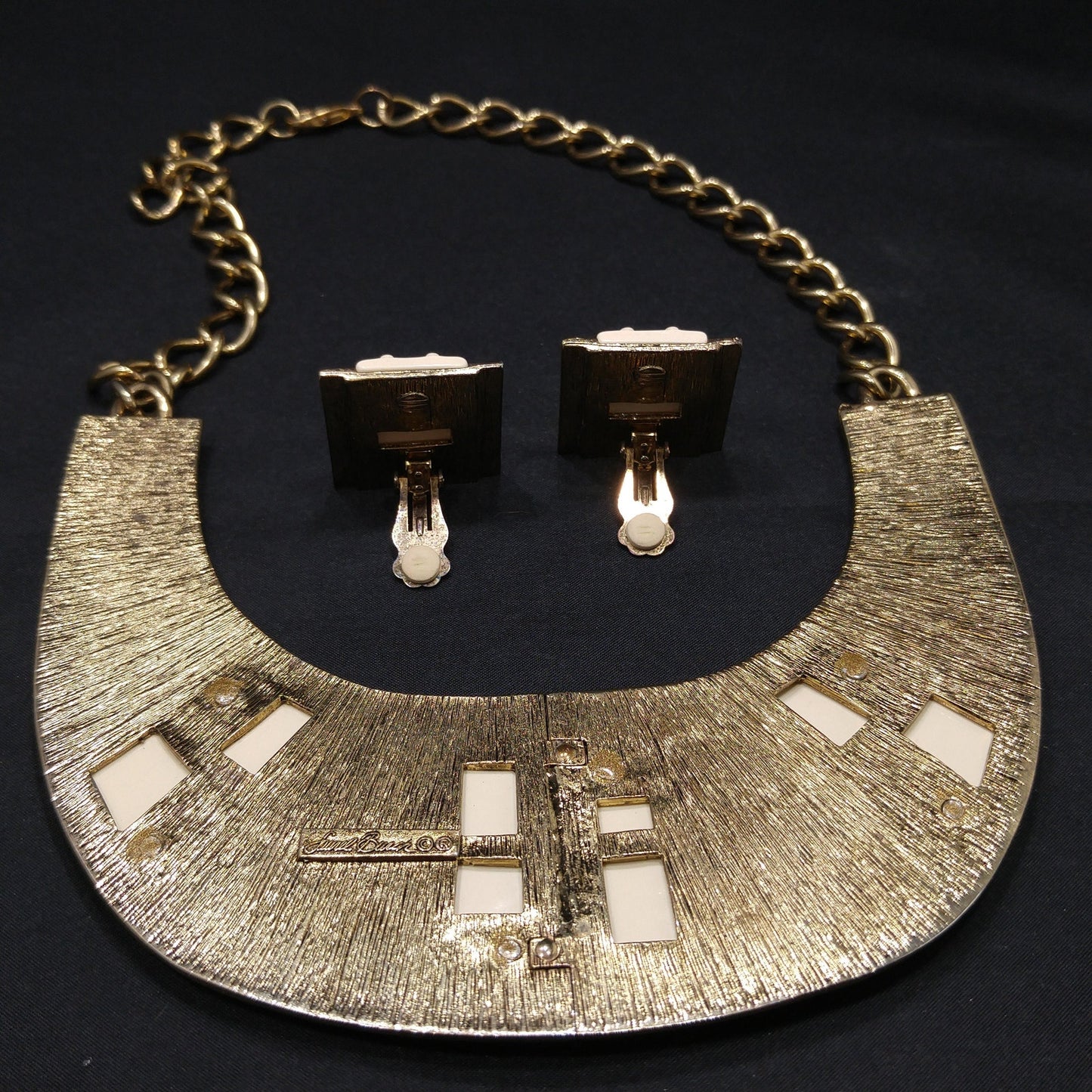 Laurel Burch Tribal Necklace & Clip Earrings, Lucite Gold Plate, 1980s Vintage Jewelry