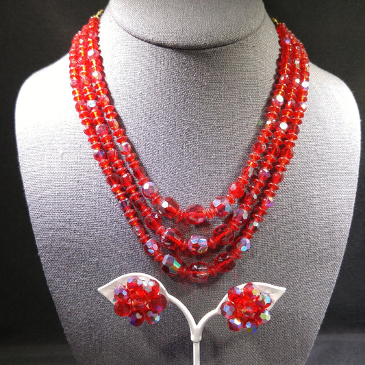 Czech Red Glass Beaded Necklace & Earrings, Fire Polished Red Beads, 1950s Vintage Jewelry
