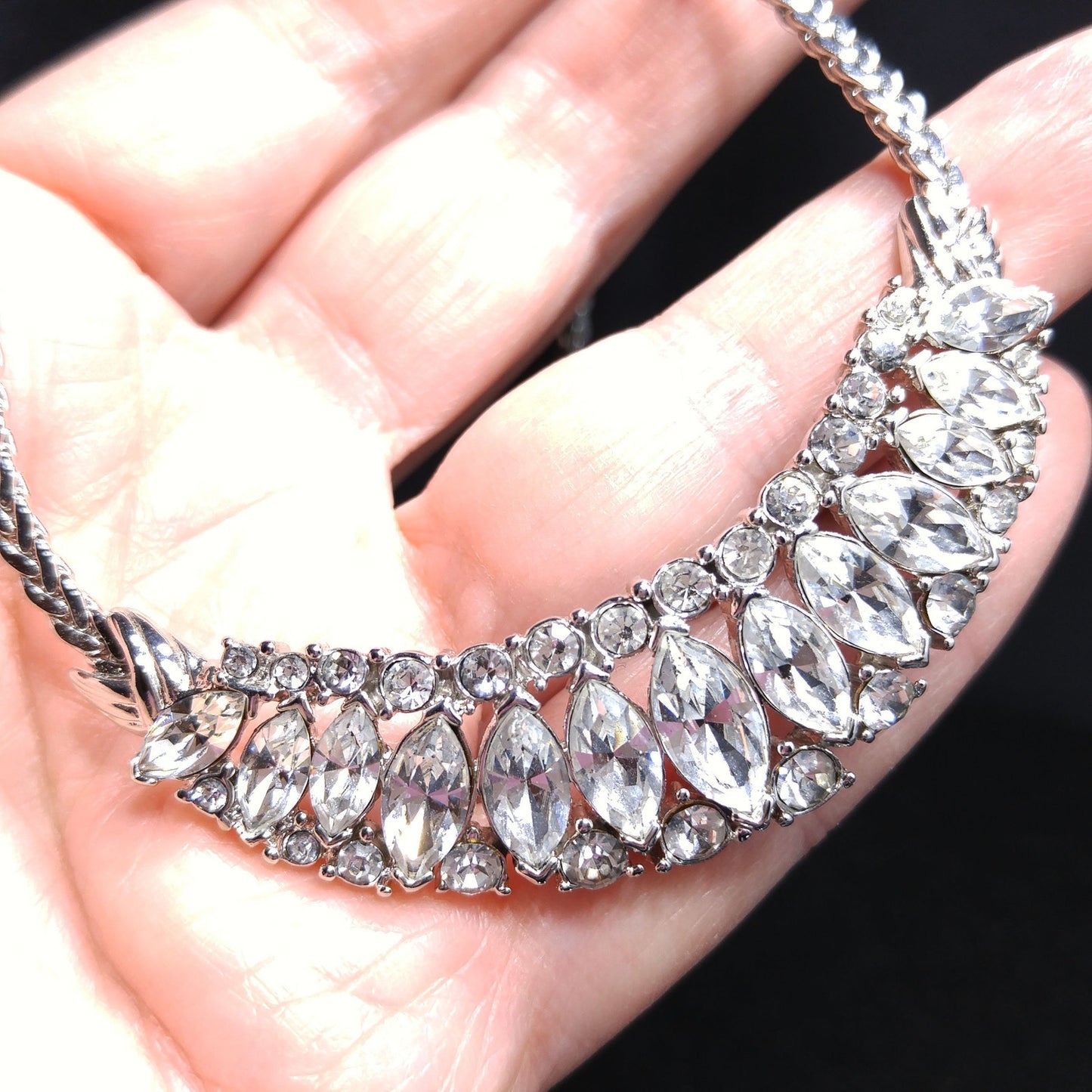 Trifari TM Clear Rhinestone Frontal Necklace, Silver Tone, 1980s Vintage Jewelry