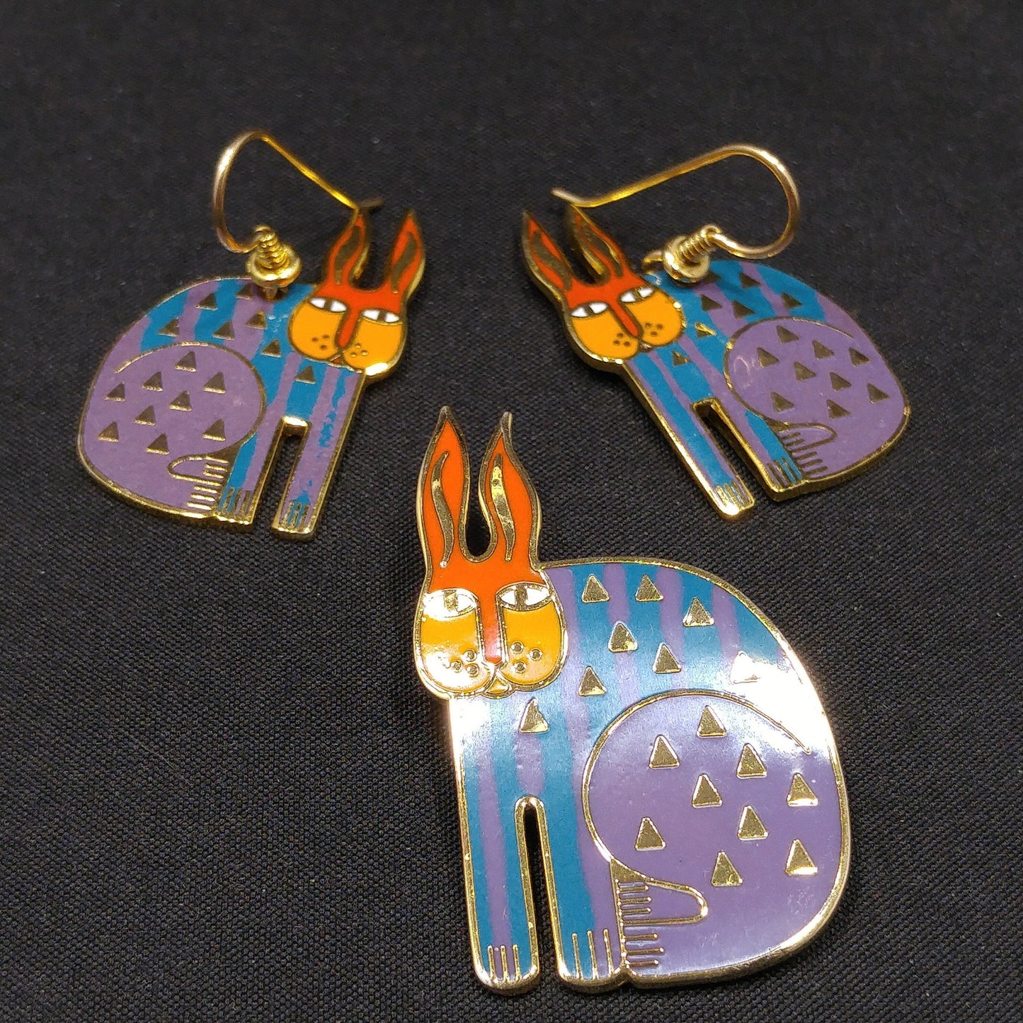 Laurel Burch "Rabbit For Ross" Brooch & Earring Set, Rainbow Enamel, Gold Plated, 1980s