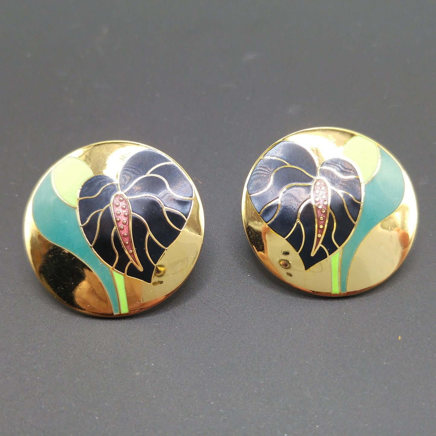 Vintage Laurel Burch "Antherium" Post Earrings, Gold Plated