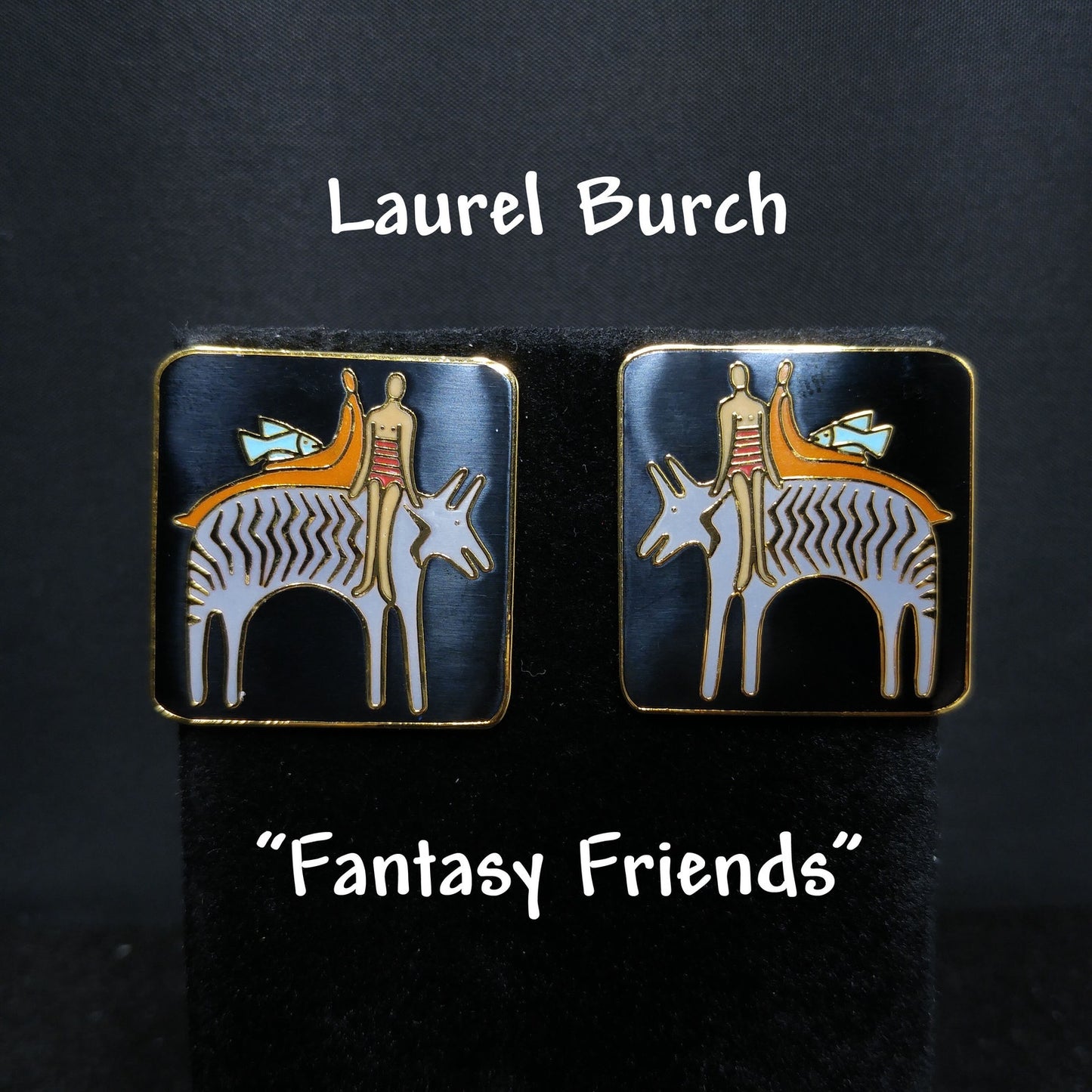 Laurel Burch "Fantasy Friends" Post Earrings, Gold Plated, 1980s Vintage Jewelry