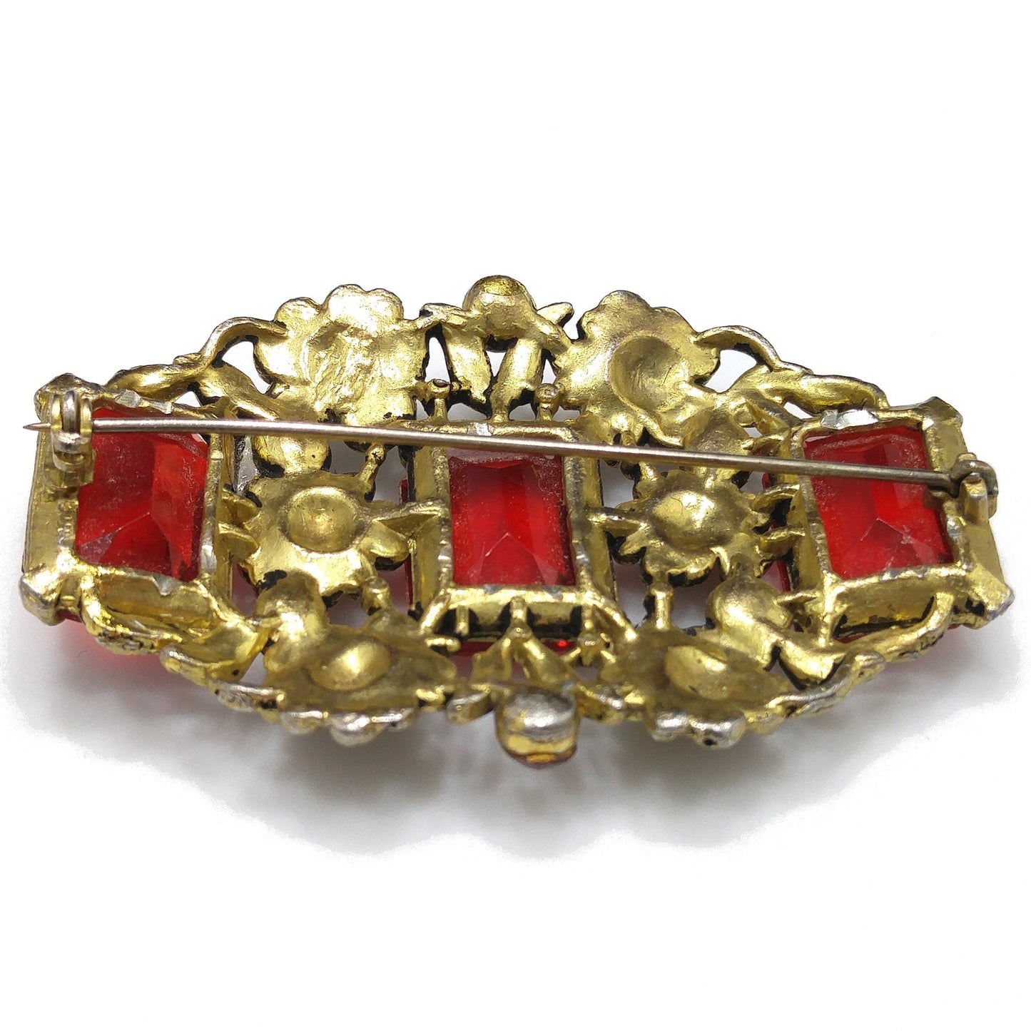Art Nouveau Red Glass Floral Brooch, Three Red Emerald Cut Stones, 1930s Vintage Jewelry