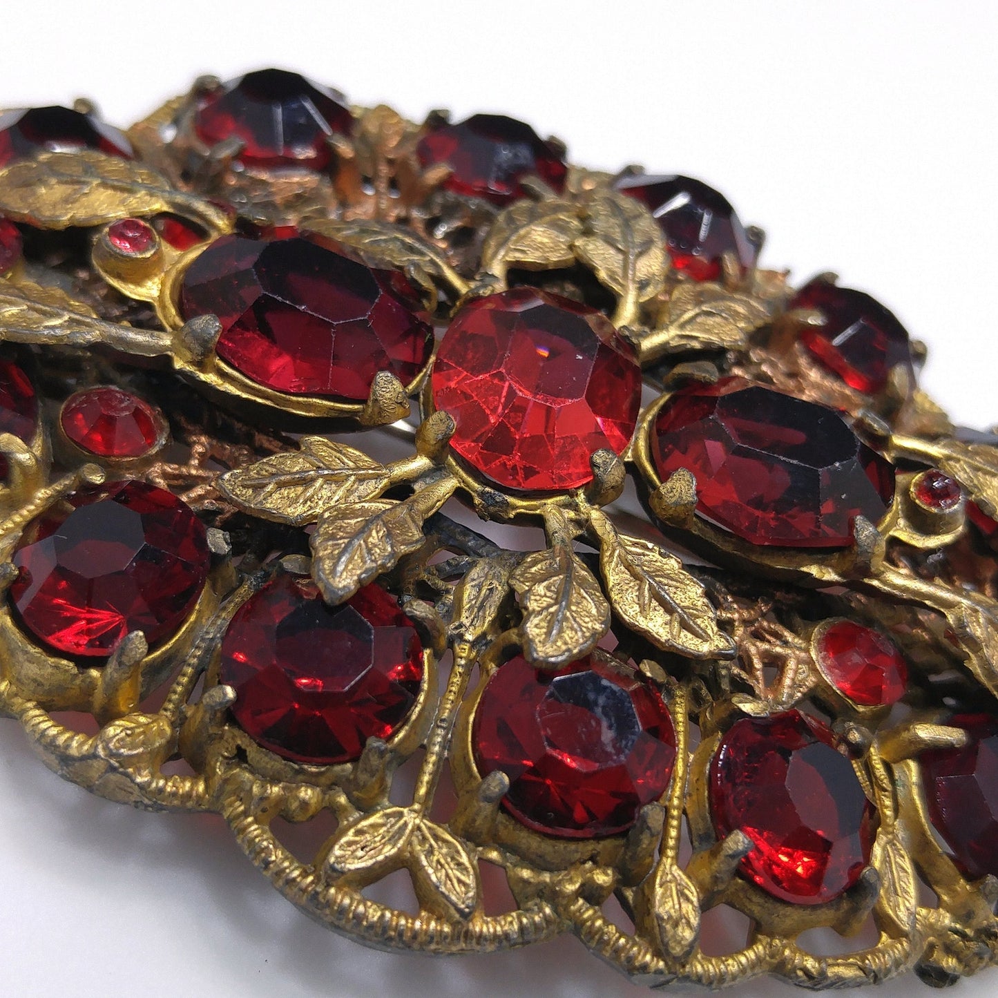 Antique Red Rhinestone Filigree Large Brooch, Wide Floral Sash Shoulder Pin, 1920s Vintage Jewelry