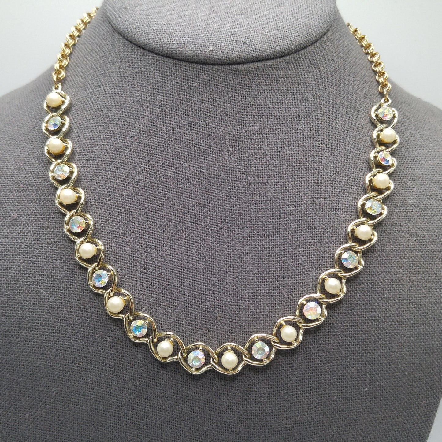 Mid-Century Faux Pearl AB Rhinestone Necklace, Aurora Borealis, 1960s Vintage Jewelry
