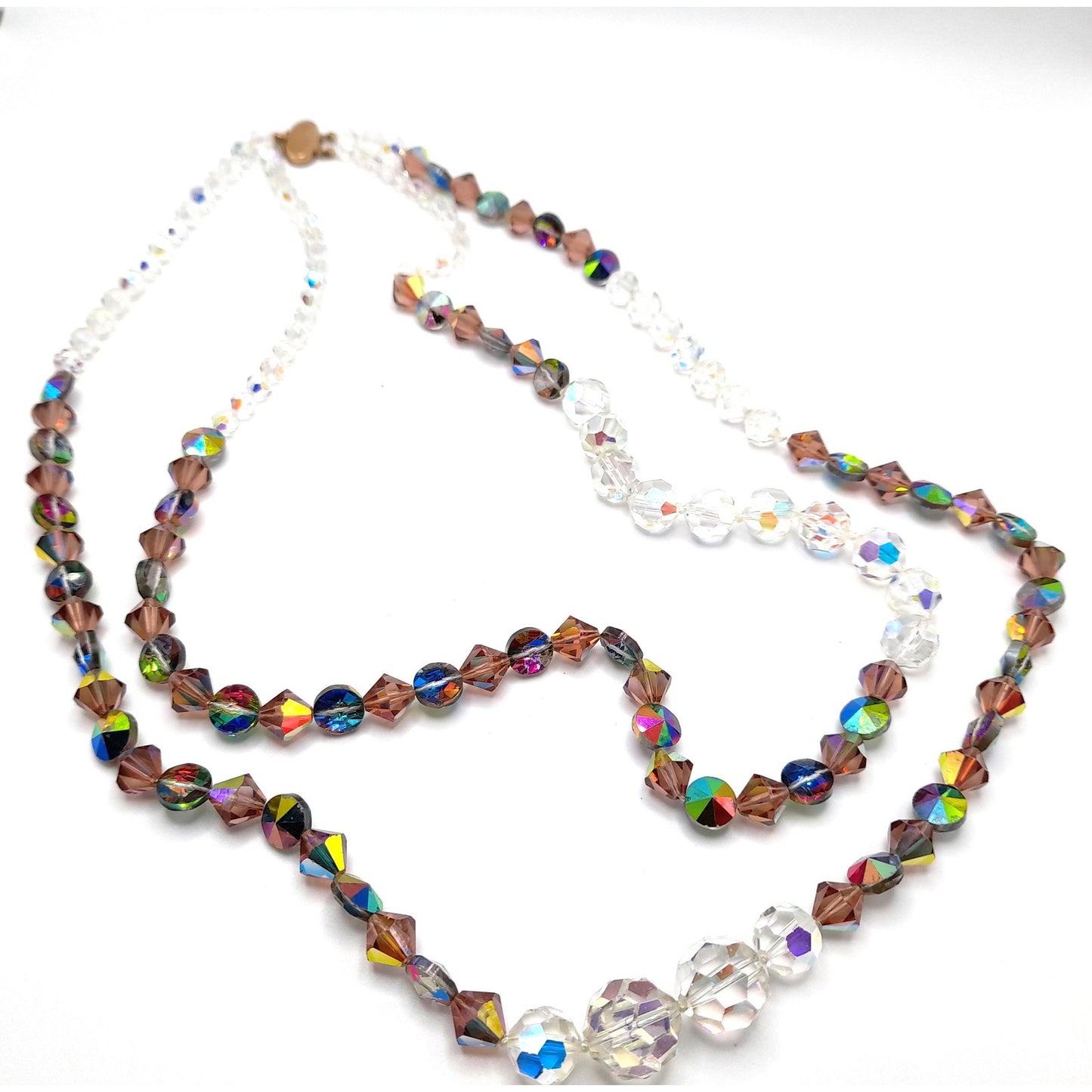 Vintage Crystal Bead Long Necklace, Asymmetrical Clear AB Topaz Crystals, 26"