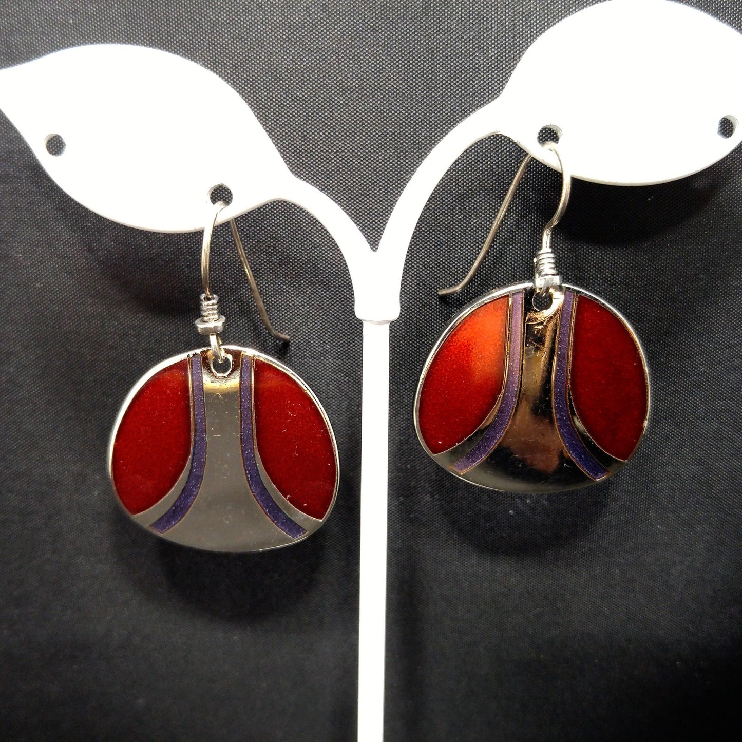 Vintage Laurel Burch Red Metallic Purple Silver Earrings, Rhodium Plated