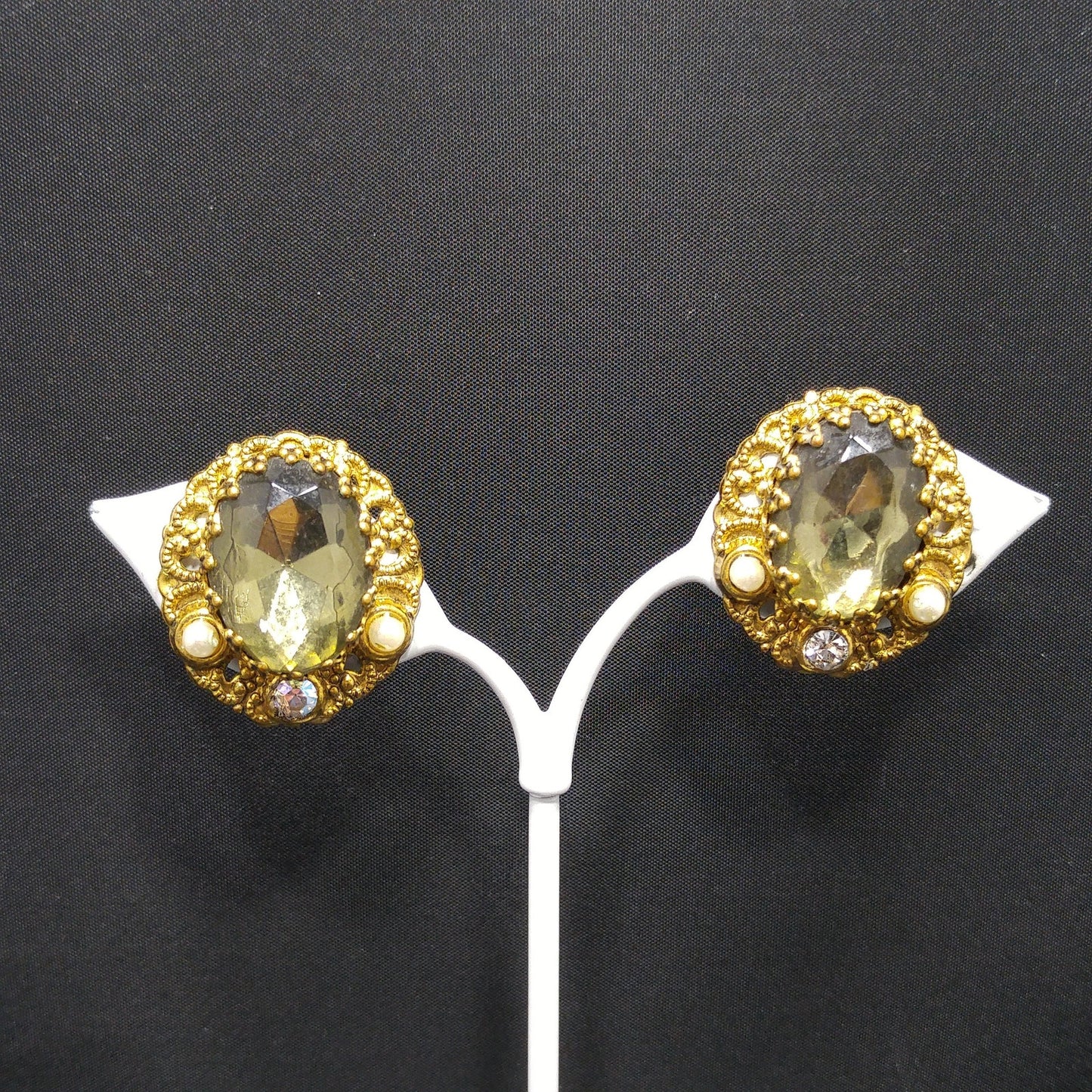 West Germany Gray Green Clip Earrings, Clear Glass & Faux Pearls, 1950s Vintage Jewelry