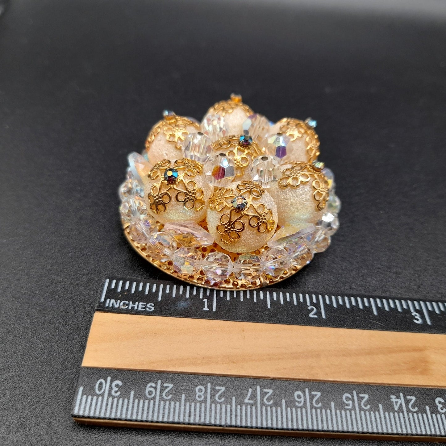 Vintage Crystal Bead Brooch, Aurora Borealis, Art Glass Globes, Filigree End Caps, 1960s Vintage Jewelry