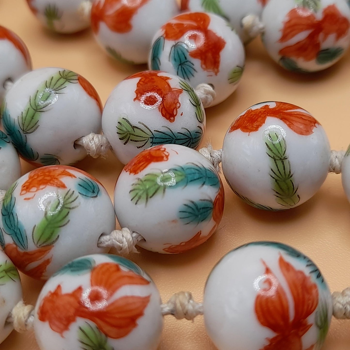 Hand Painted Koi Fish Bead Necklace, Ceramic Hand Knotted Vintage