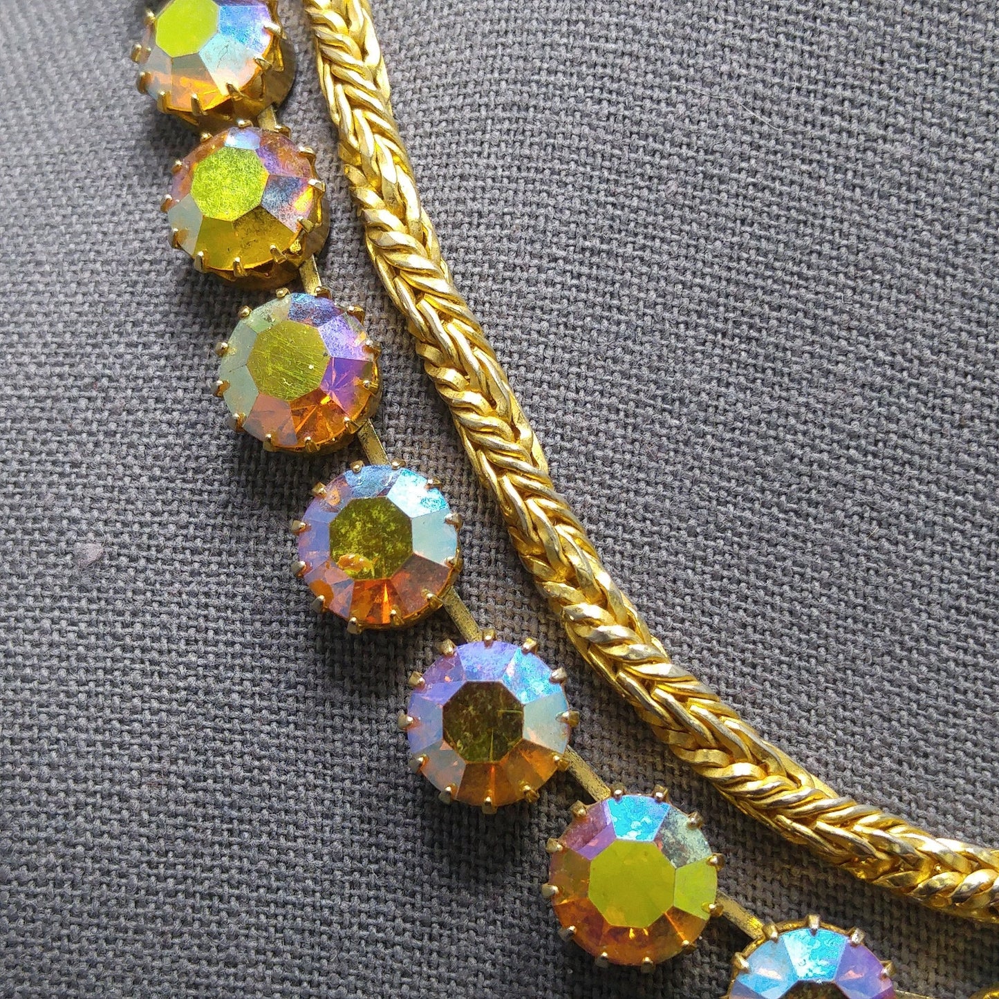 Hattie Carnegie Gold Rhinestone Necklace, Rope Chain Aurora Borealis, 1960s Vintage Jewelry