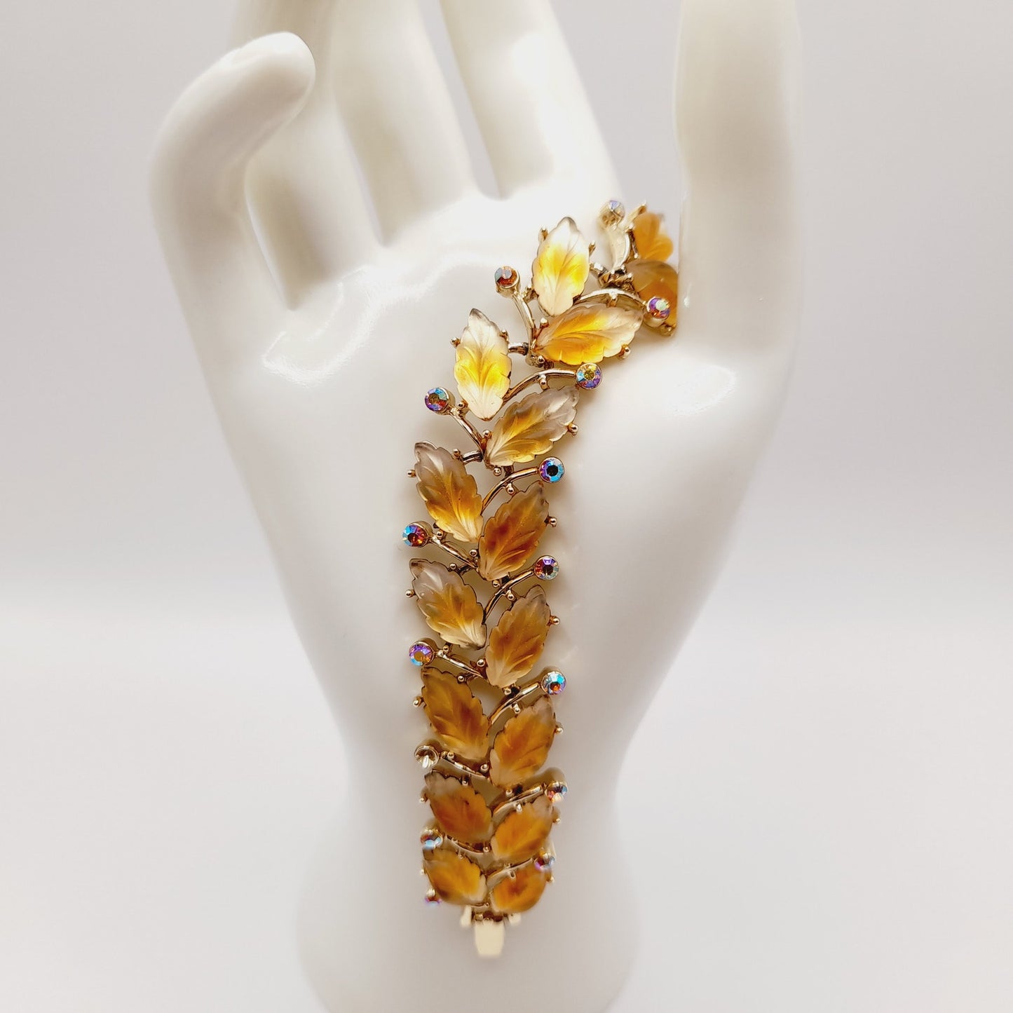 Vintage Kramer Golden Leaf Lucite AB Rhinestone Wide Bracelet