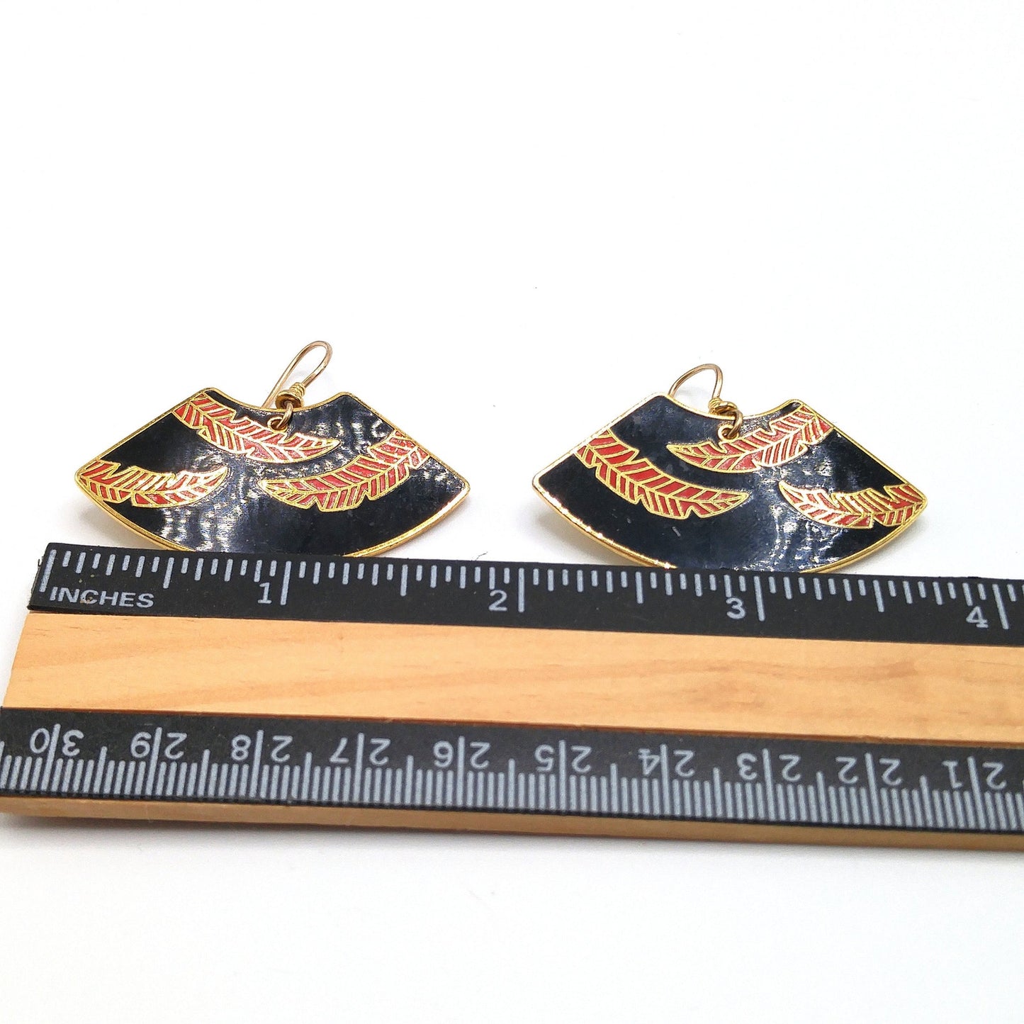 Laurel Burch "Palm Leaves" Earrings, Red Black Enamel, Gold Plated, 1980s Vintage Jewelry