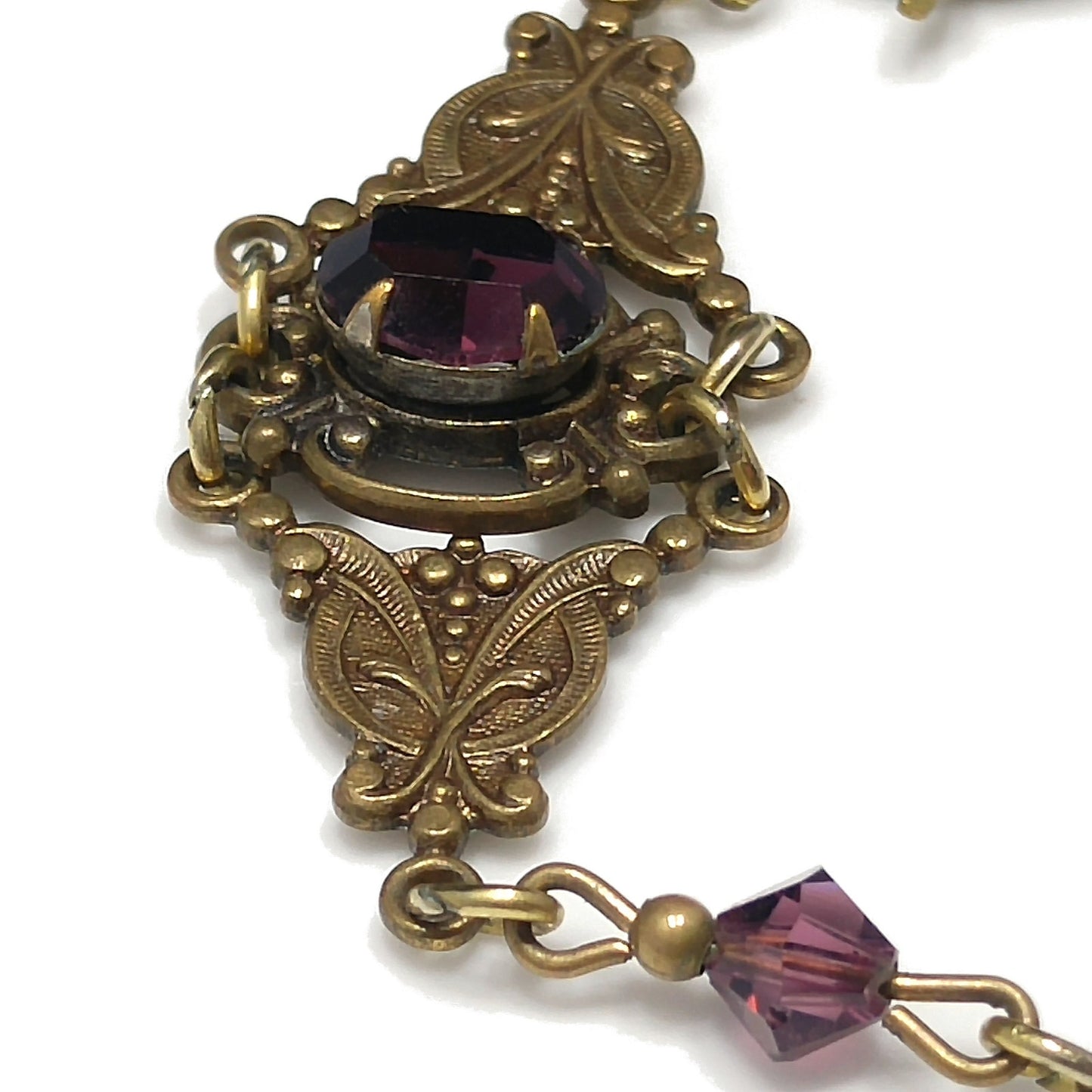 Sadie Green Art Nouveau Purple Bracelet, Golden Brass & Faux Amethyst, 6 3/4" Length, 1980s Vintage Jewelry