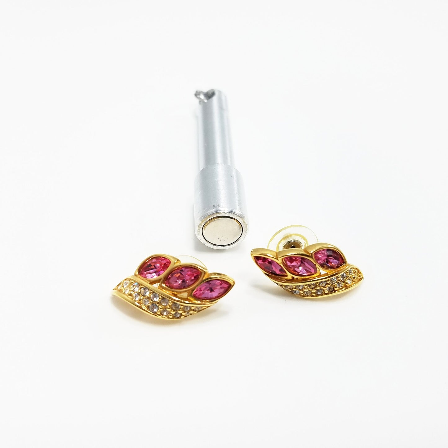 S. A. L. Swarovski Pink Rhinestone Earrings, Gold Plated Post Earrings, 1980s