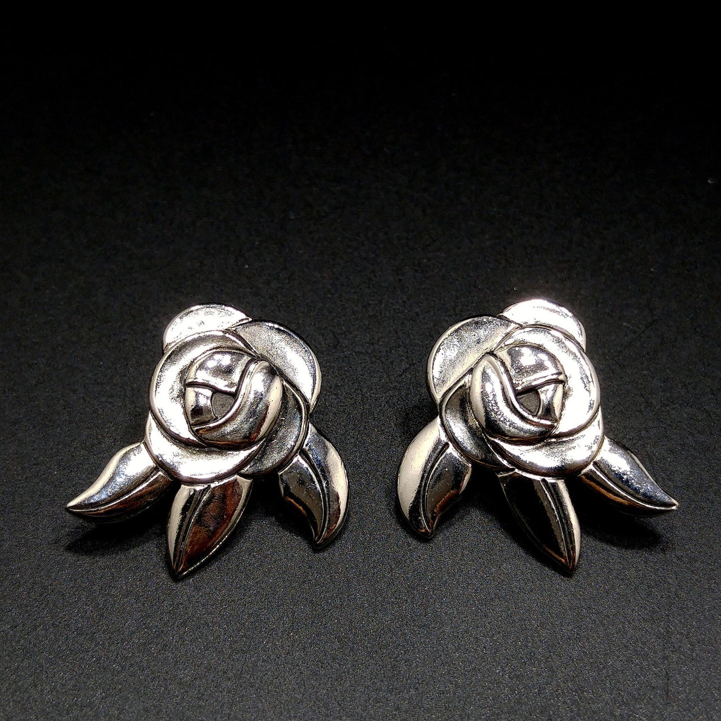 Vintage Laurel Burch Deco Rose Earrings, Rhodium Plated, Black Enamel, 1980s