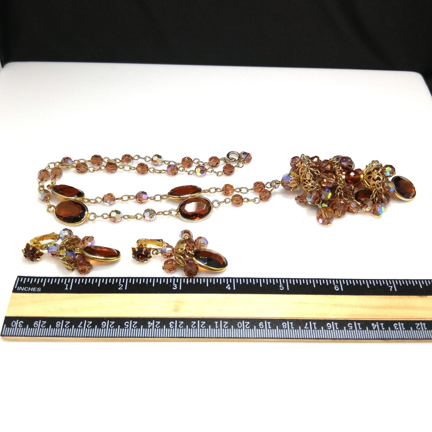 Filigree Chandelier Pendant Necklace & Earrings, Topaz Crystal Beads, 1970s Vintage Jewelry