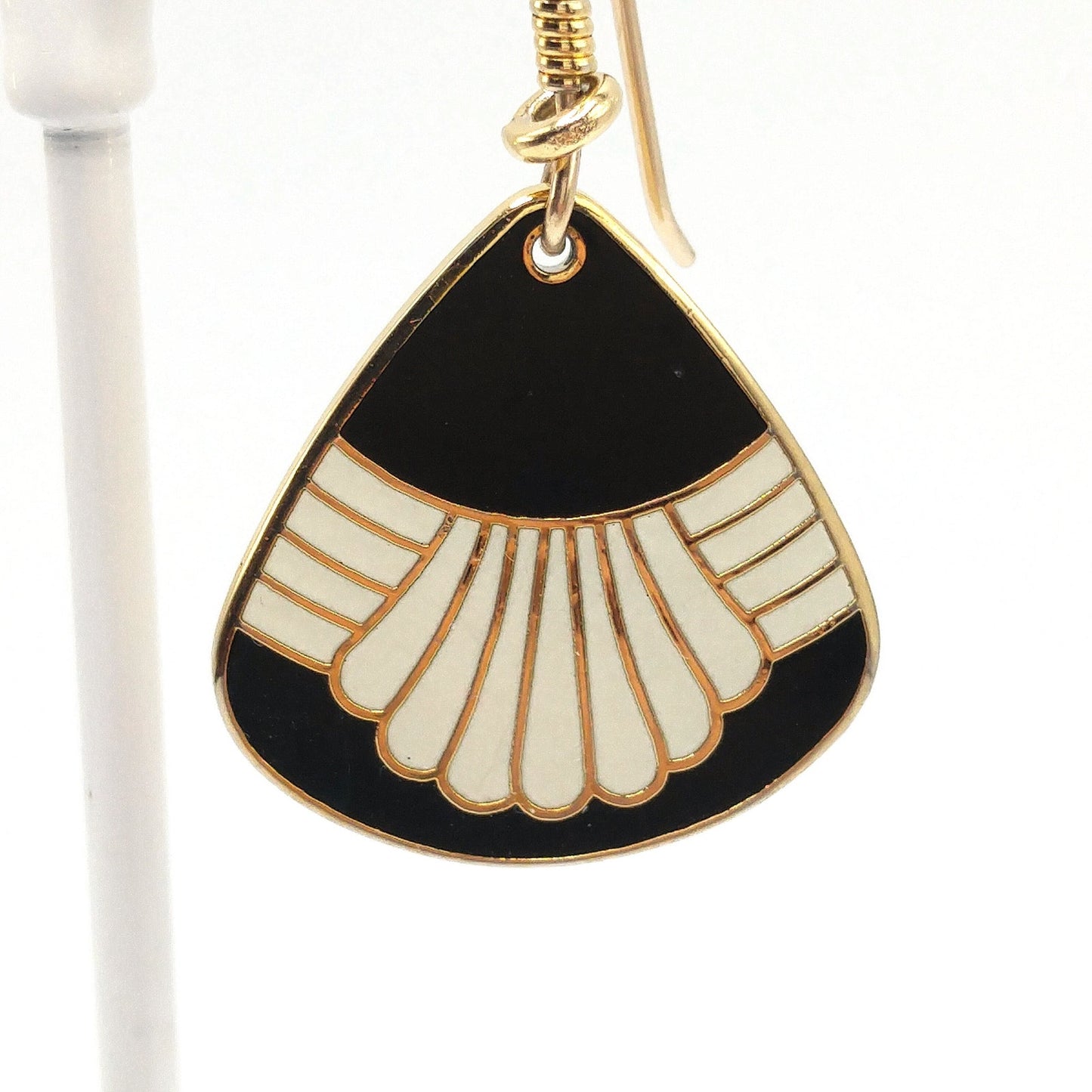 Vintage Laurel Burch "Waterfall" Drop Earrings, Black White Enamel, Gold Plated