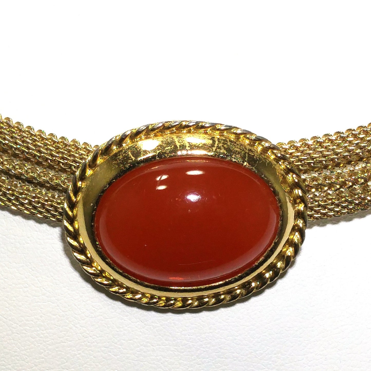 Trifari Orange Lucite Cabochon Necklace, Gold Plated Mesh, 1970s Vintage Jewelry