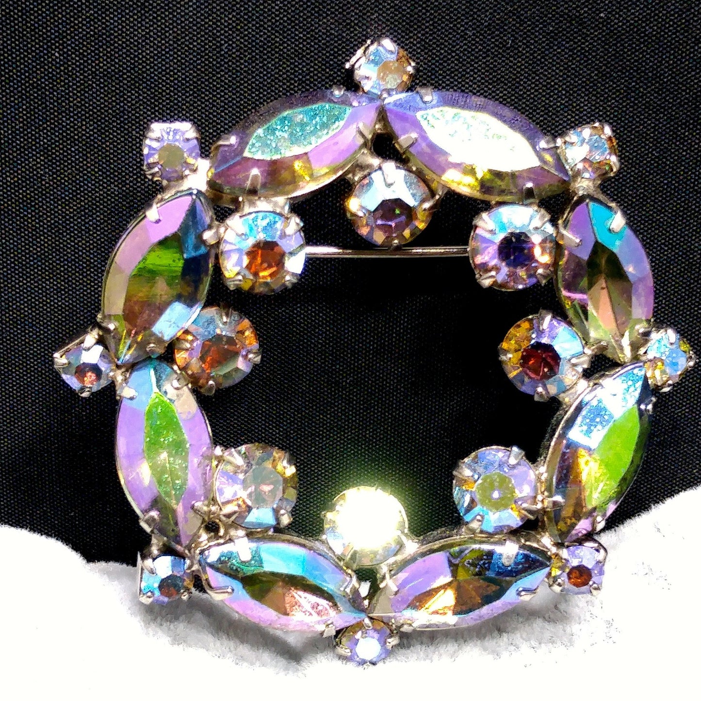 Blue Vitrail Rhinestone Wreath Brooch, 1960s Vintage Jewelry, Rhodium Plated