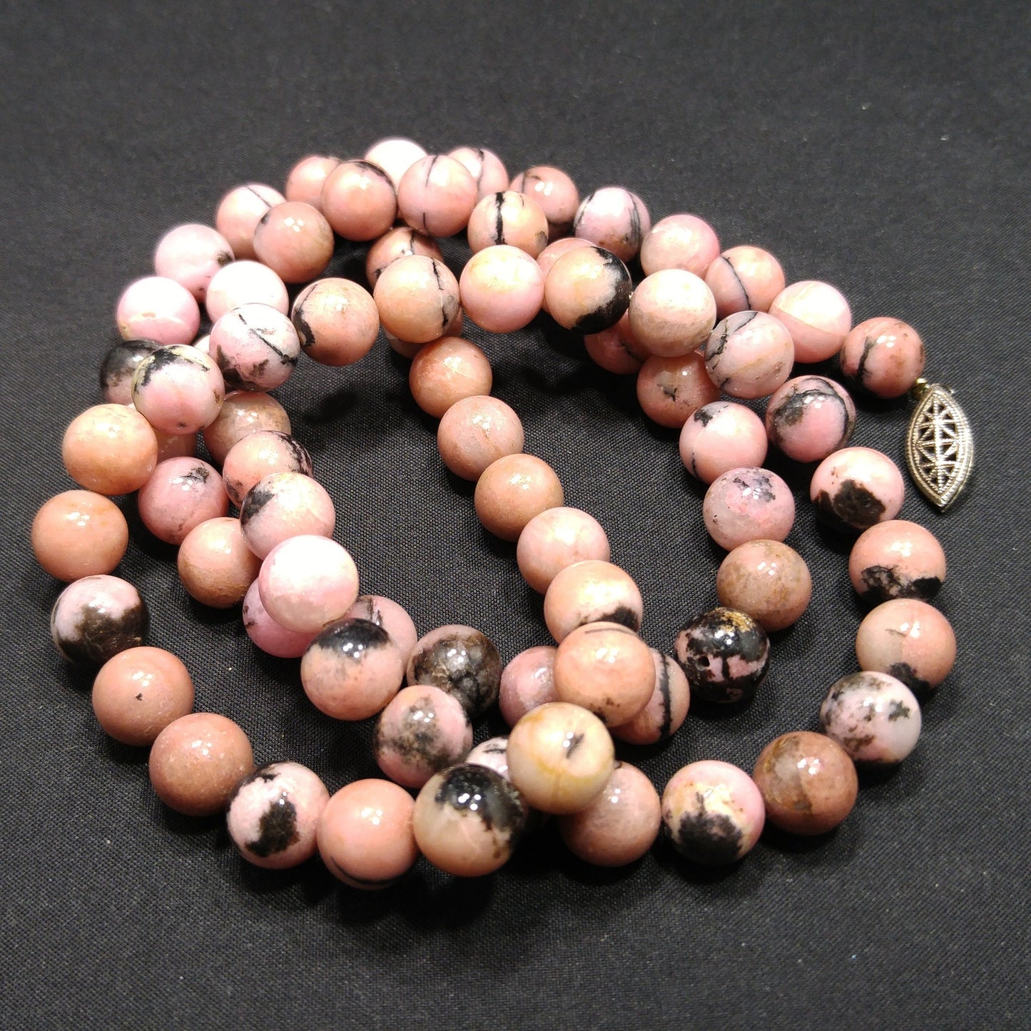 Pink Black Gemstone Beaded Necklace, Rhodonite 10mm Beads, 1970s Vintage Jewelry