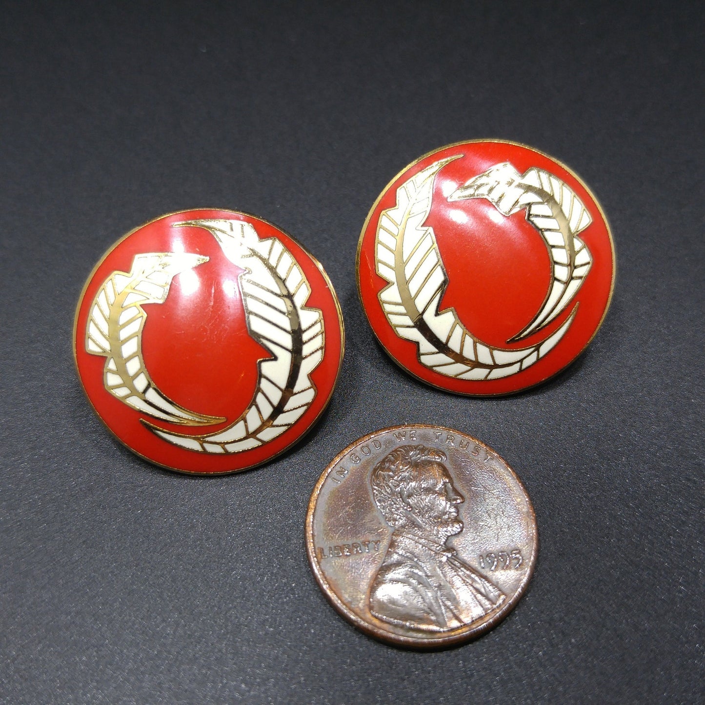 Vintage Laurel Burch "Palm Leaves" Red White Enamel Post Earrings, Gold Plated