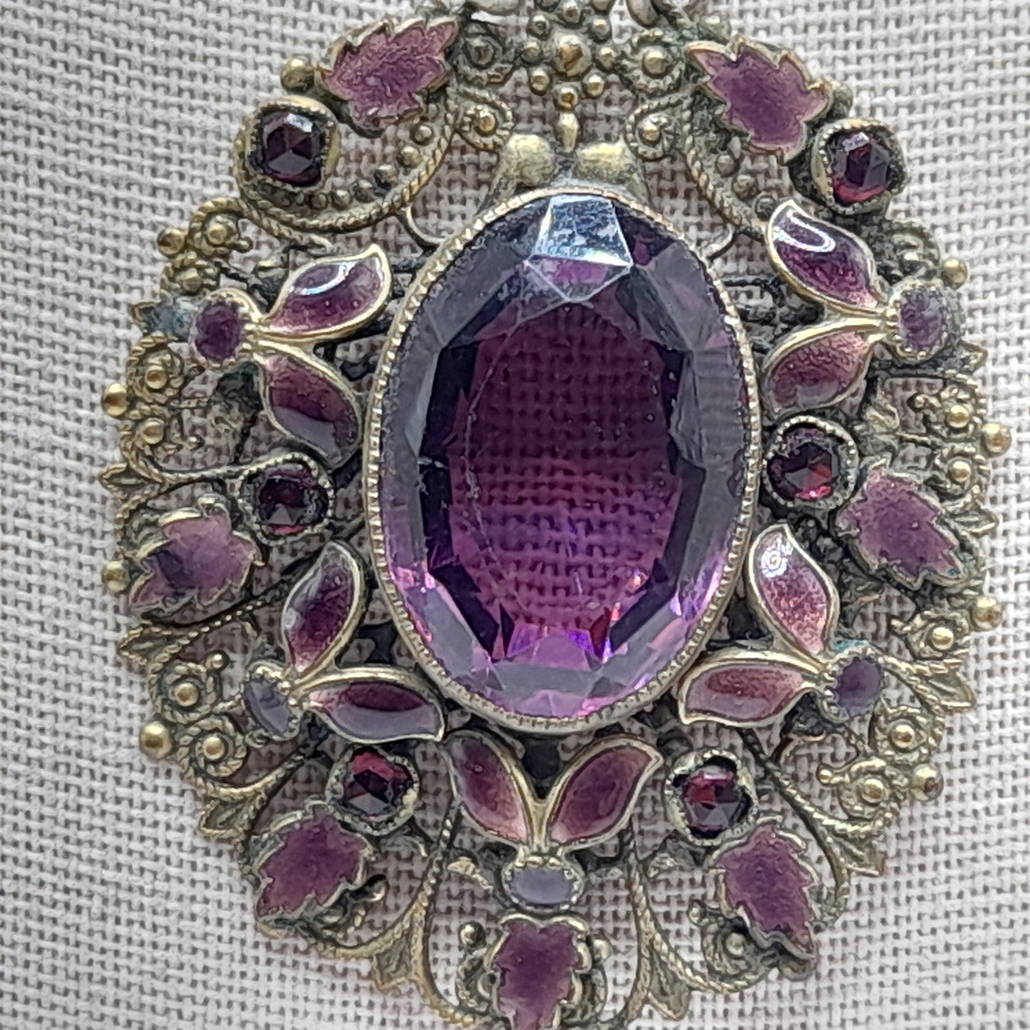 Antique Victorian Purple Glass Enamel Filigree Pendant Necklace, 27 Inches