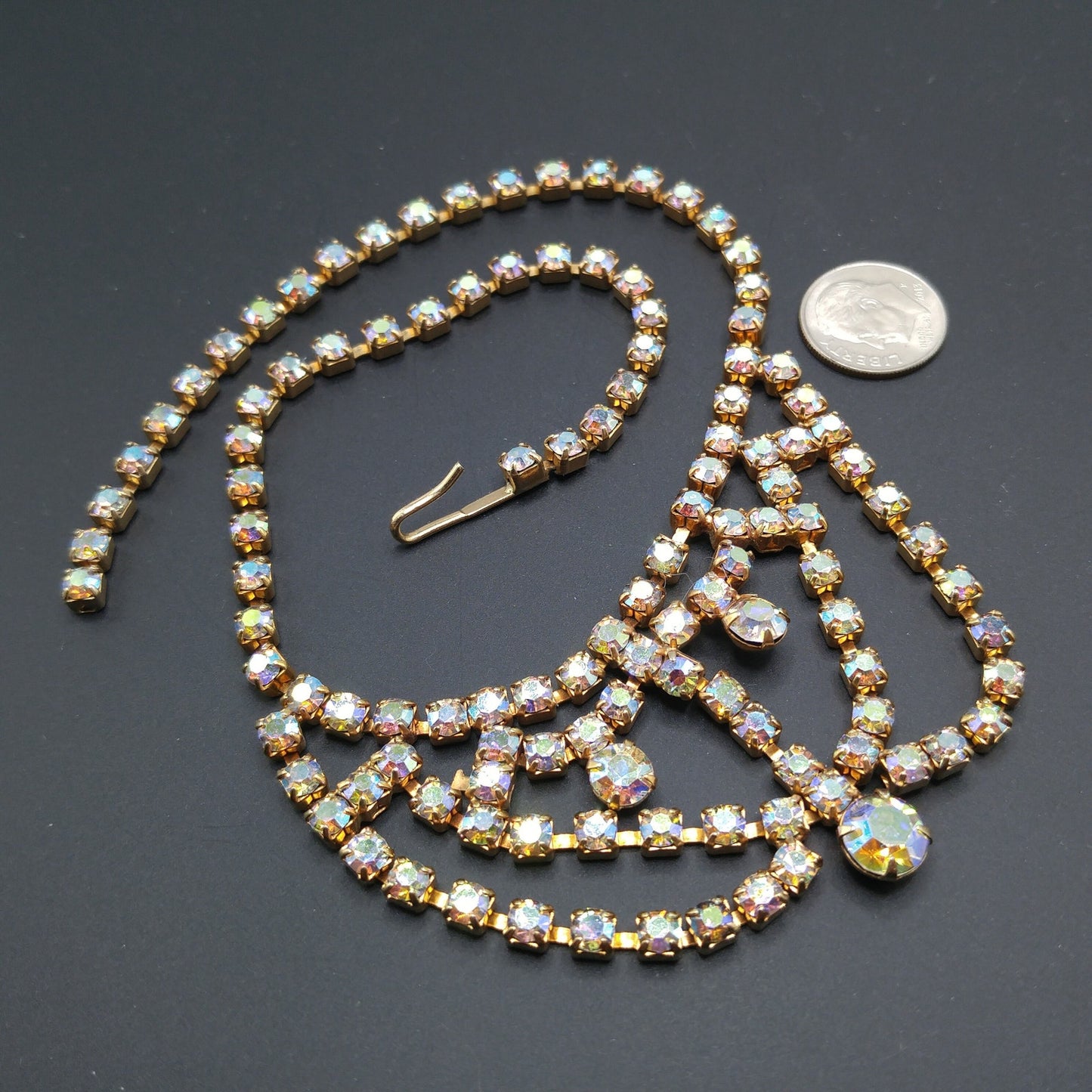 Aurora Borealis Rhinestone Choker Necklace, Gold Plated, 1960s Vintage Jewelry