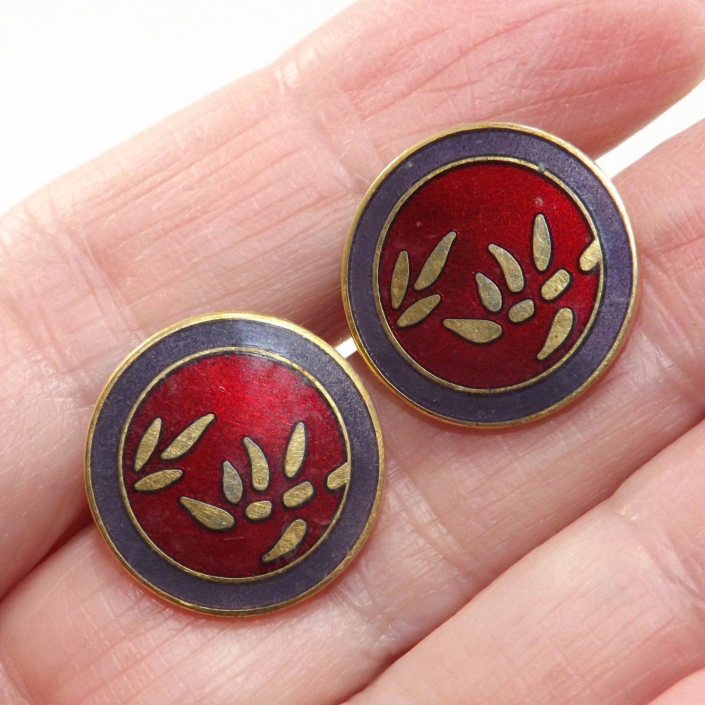 Laurel Burch Bamboo Red Post Earrings, Cloisonné Gold Plated, 1980s Vintage
