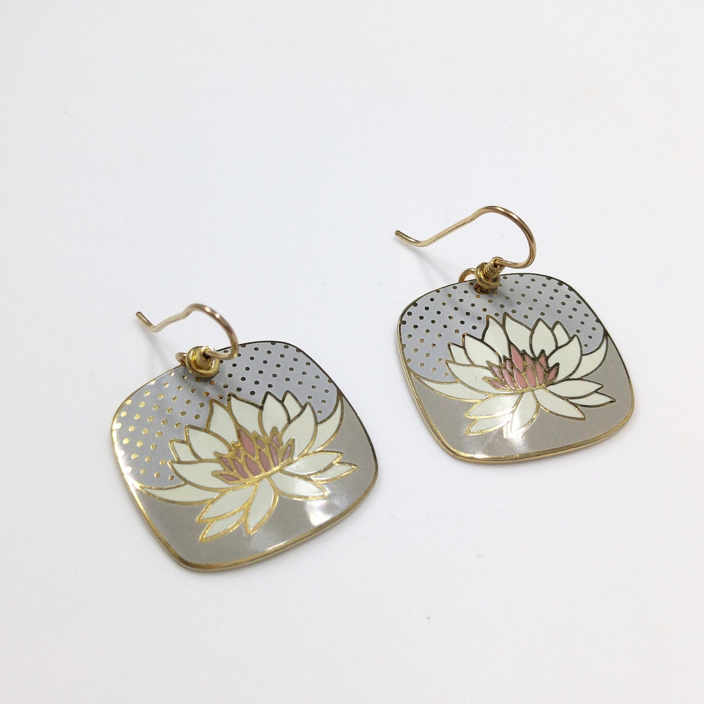 Laurel Burch Water Lily Cloisonné Earrings Gold Filled Wires Vintage 1980s