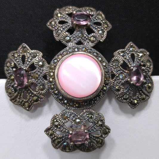 Sterling Marcasite Pink Shell Brooch, 925 NE, Purple Glass, 1950s Vintage Jewelry