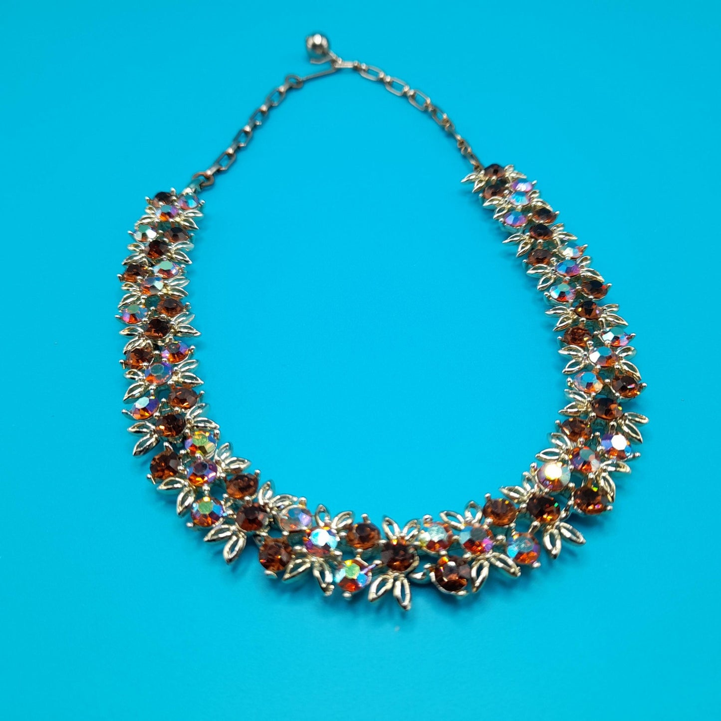 Vintage Topaz Aurora Borealis Choker Necklace, Gold Tone, 1960s, 16"