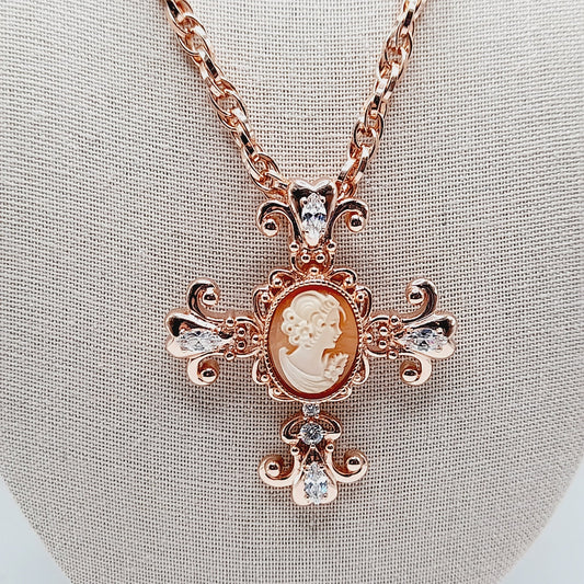 Amedeo Rose Gold Cameo Cross Pendant Necklace with Rhinestones, 18 Inches