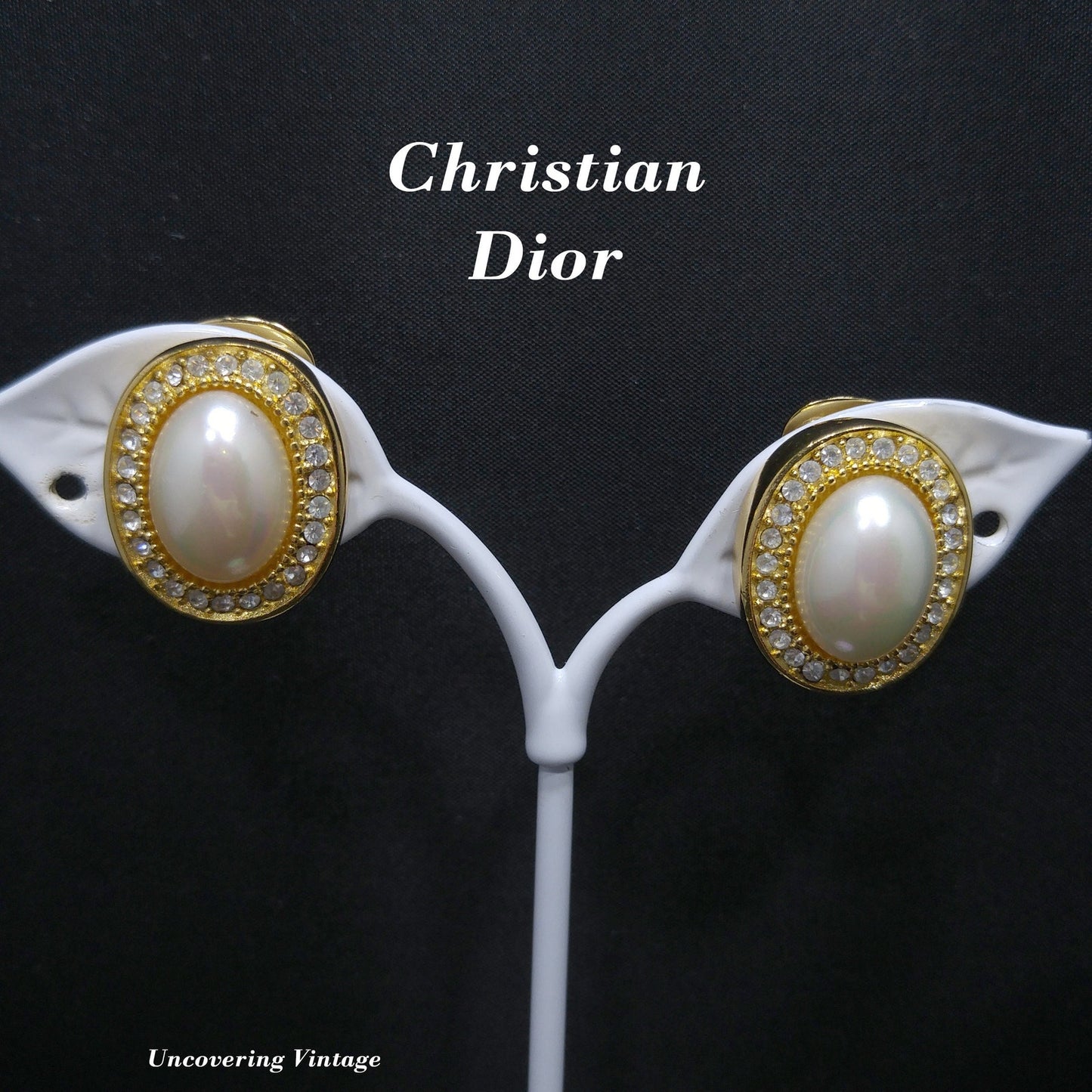 Christian Dior Faux Pearl Rhinestone Clip Earrings, Gold Plated, 1980s Vintage Jewelry