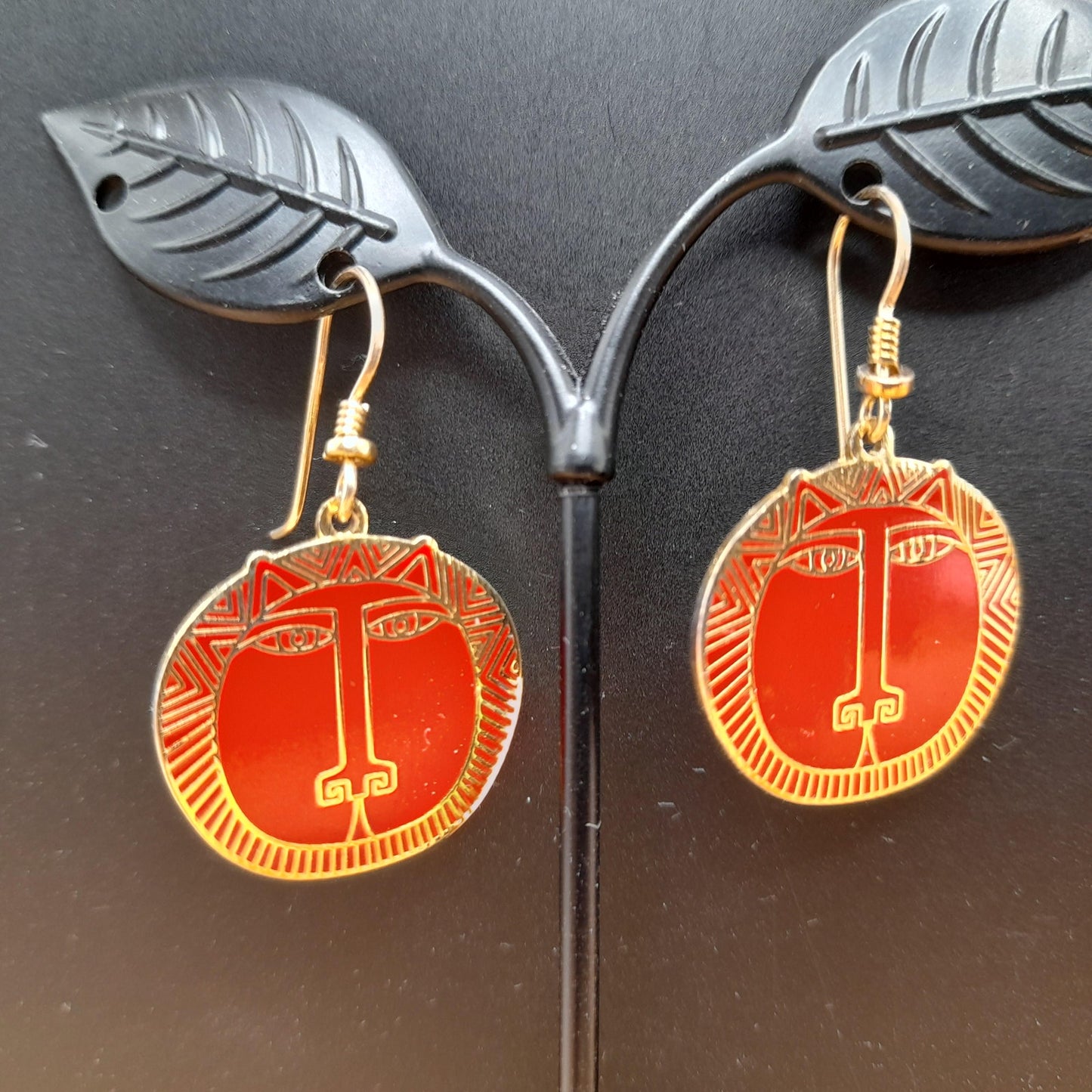 Laurel Burch "Moon Tiger" Red Drop Earrings, Gold Plated Cloisonné, Red Enamel, 1980s Vintage Jewelry
