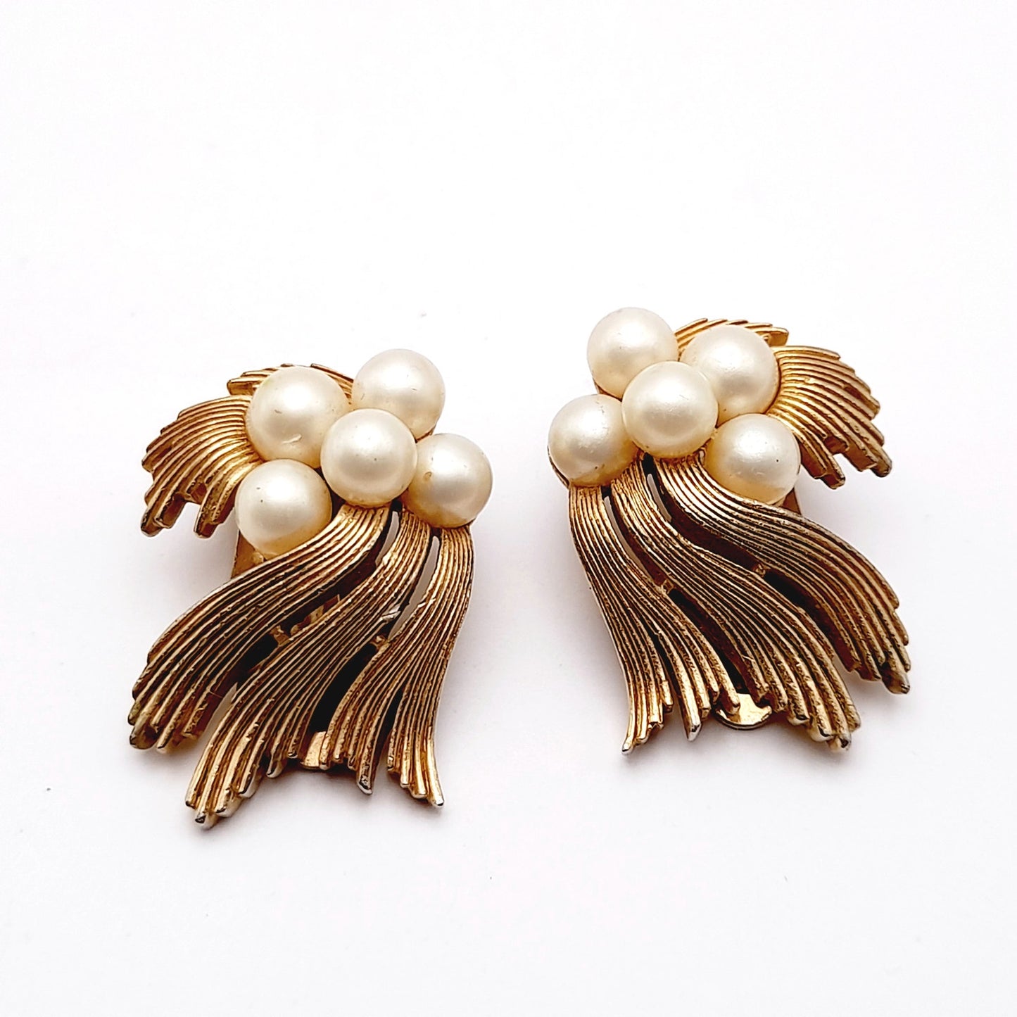 Vintage Crown Trifari Faux Pearl Clip Earrings – Gold Tone Designer Jewelry