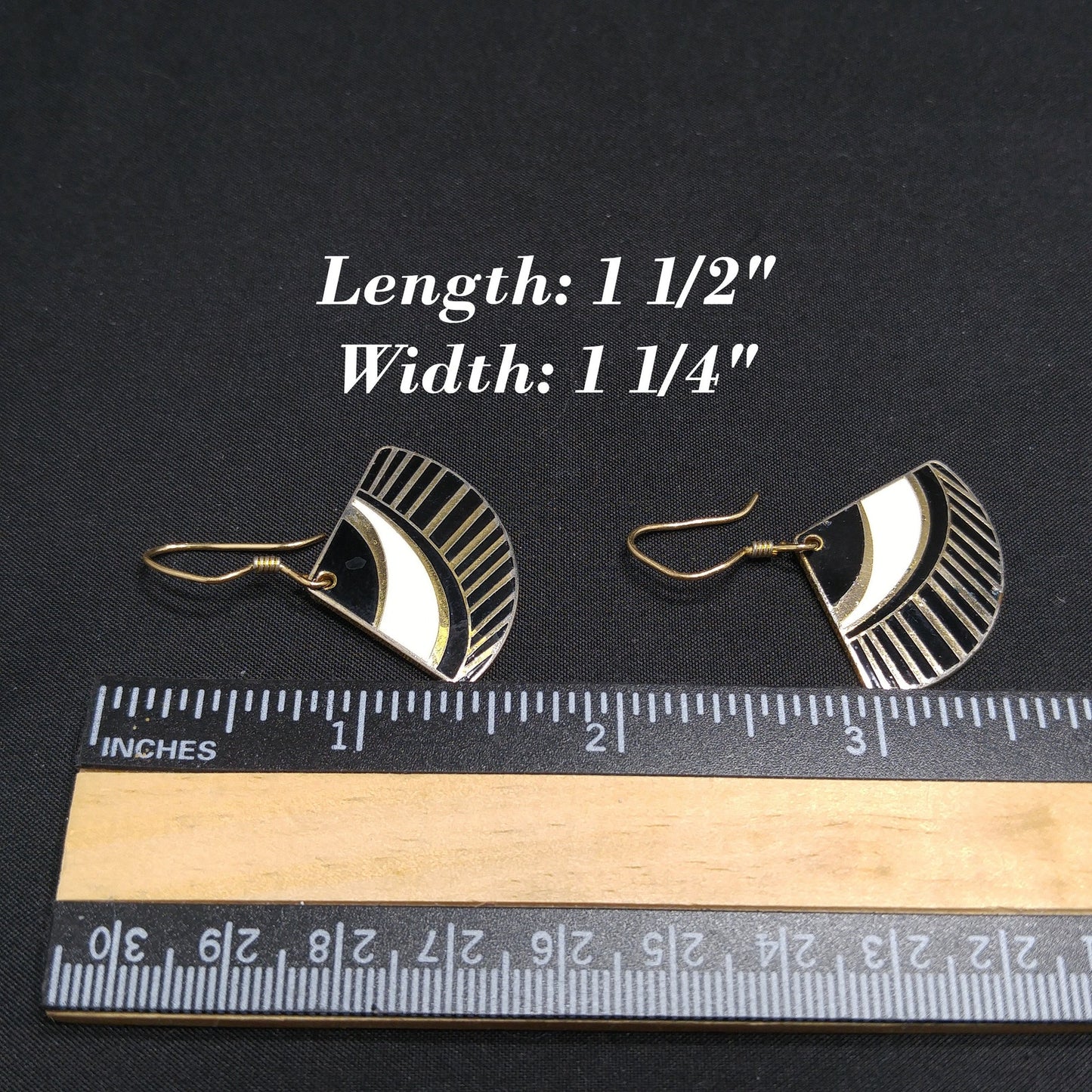 Vintage Laurel Burch Black White Gold Fan Drop Earrings, Gold Plated Enamel