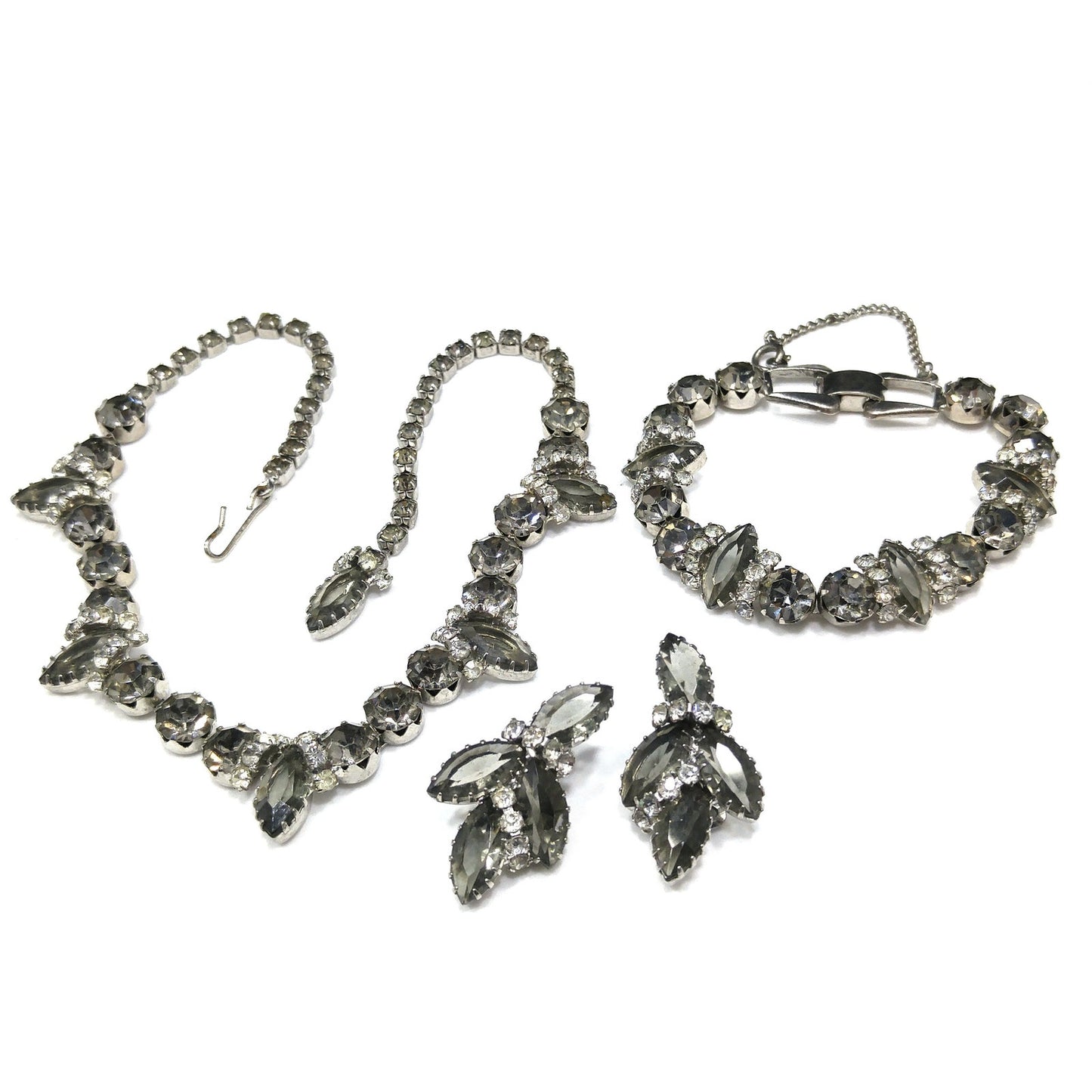 Black Diamond & Clear Rhinestone Jewelry Set, Necklace Bracelet Clip Earrings, 1950s Vintage Jewelry