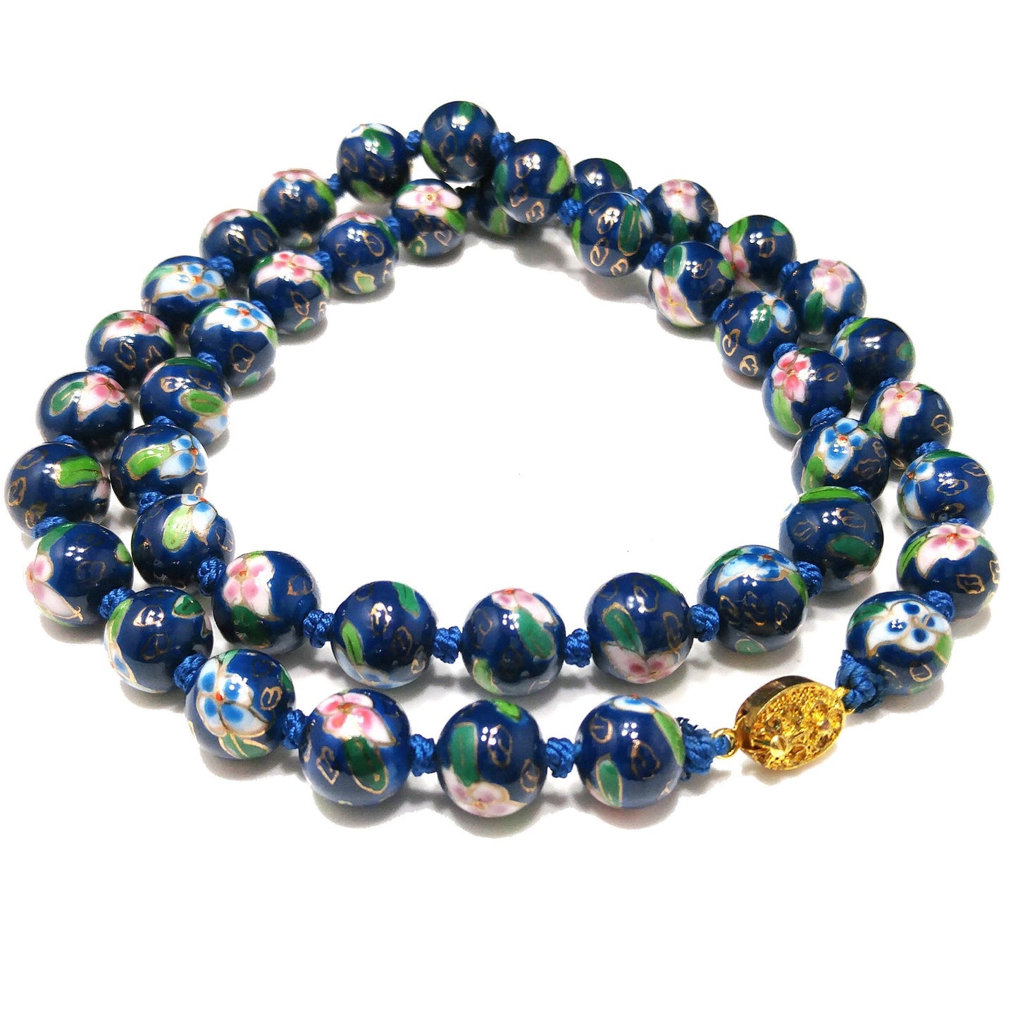 Vintage Chinese Hand Knotted Beaded Necklace, Blue Hand Painted Floral Beads, 1960s Vintage Jewelry